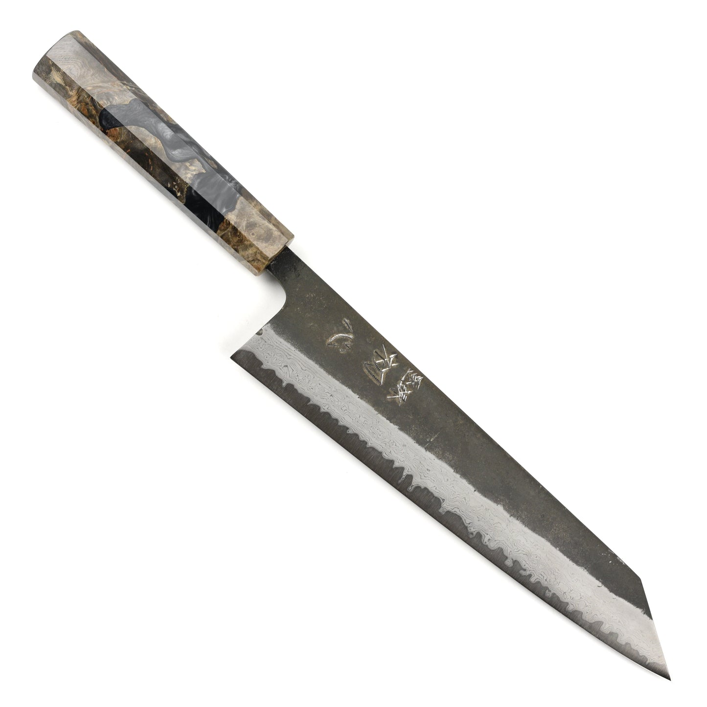 Hatsukokoro Shinkiro Aogami Super Kurouchi Damascus 9.4" Kiritsuke, Stabilized Birch