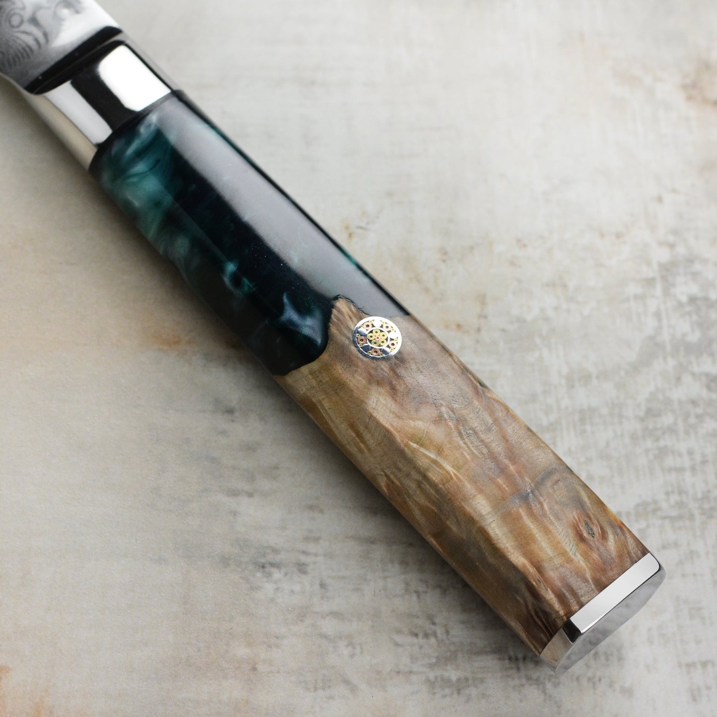 Nexus 4 Piece Damascus Steak Knife Set, Teal Resin & Stabilized Wood