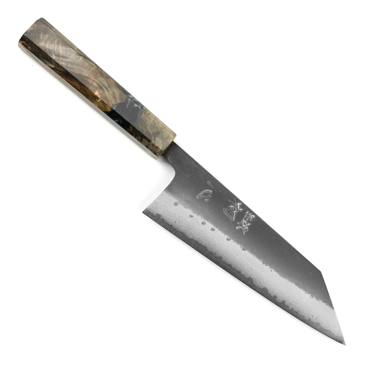Hatsukokoro Shinkiro Aogami Super Kurouchi Damascus 6.5" Bunka, Stabilized Birch