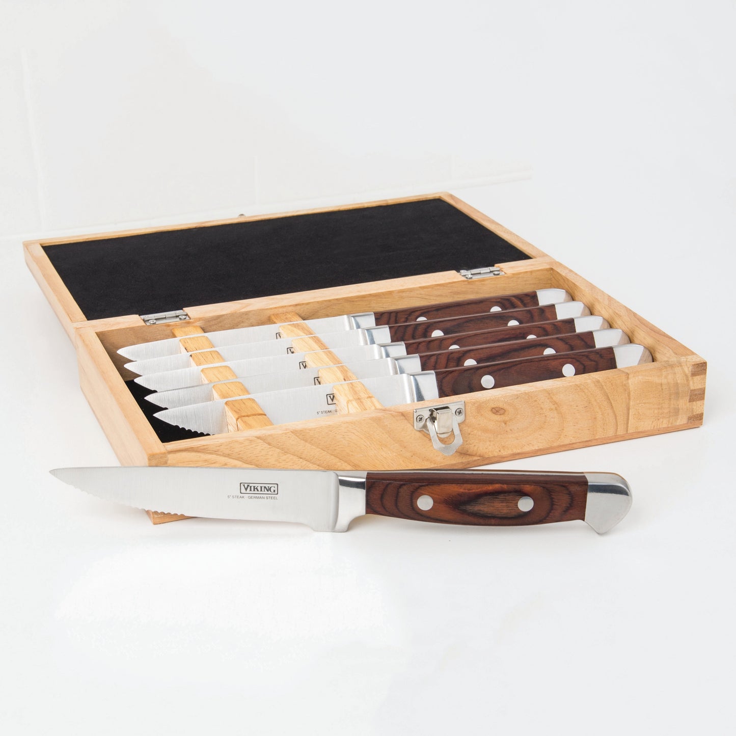 Viking 6 Piece Red Pakkawood Serrated Steak Knife Set with Presentation Case