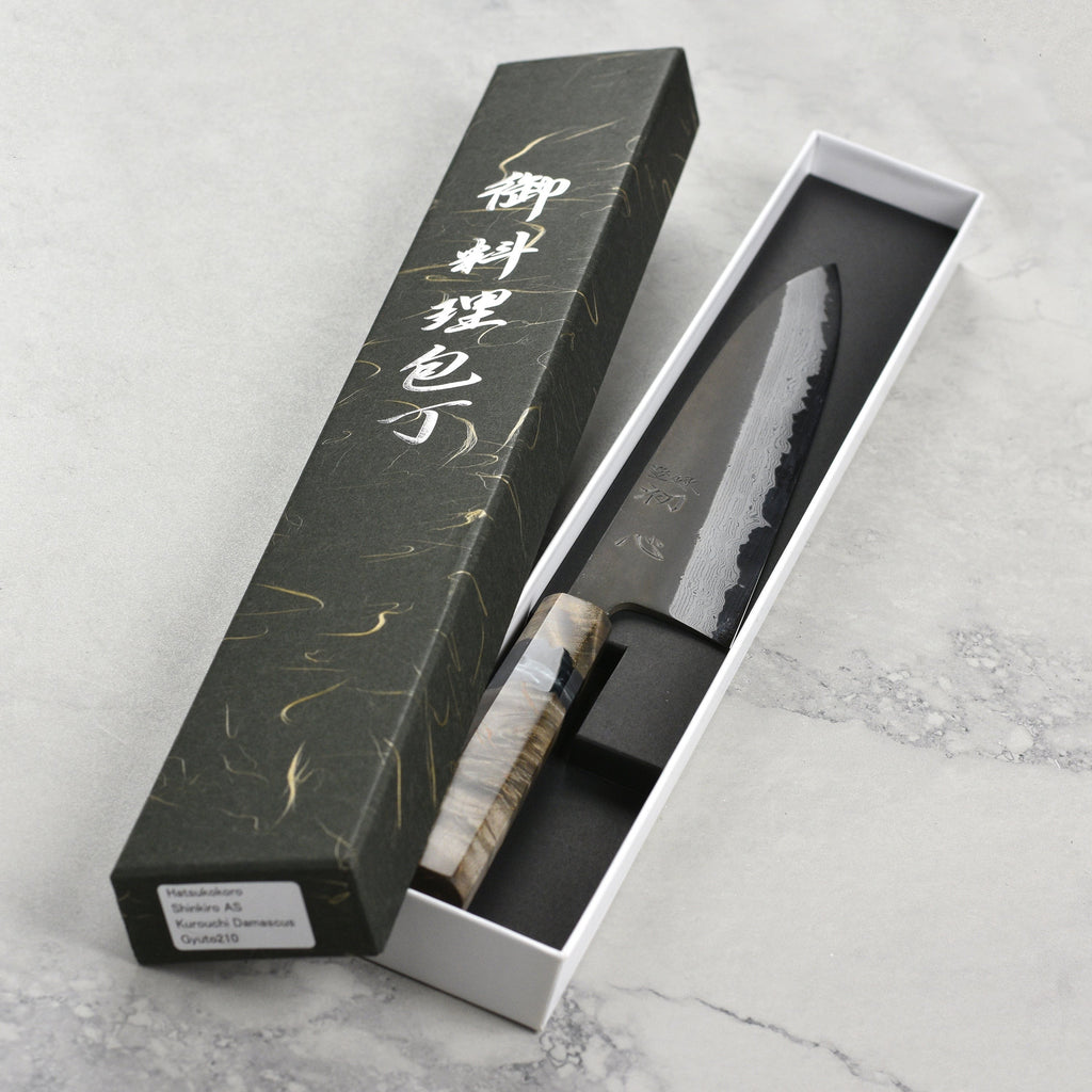 Hatsukokoro Shinkiro Aogami Super Kurouchi Damascus 8.25" Gyuto, Stabilized Birch