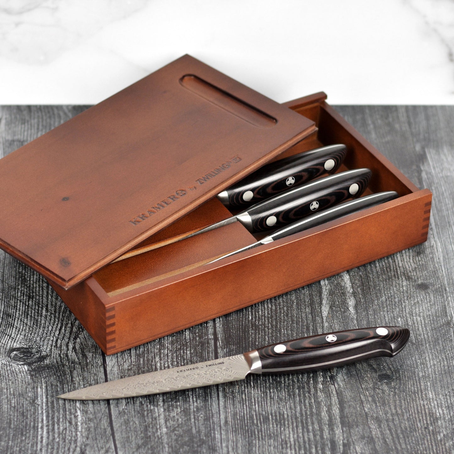 Kramer Stainless Damascus 4 Piece Steak Knife Set with Presentation Chest