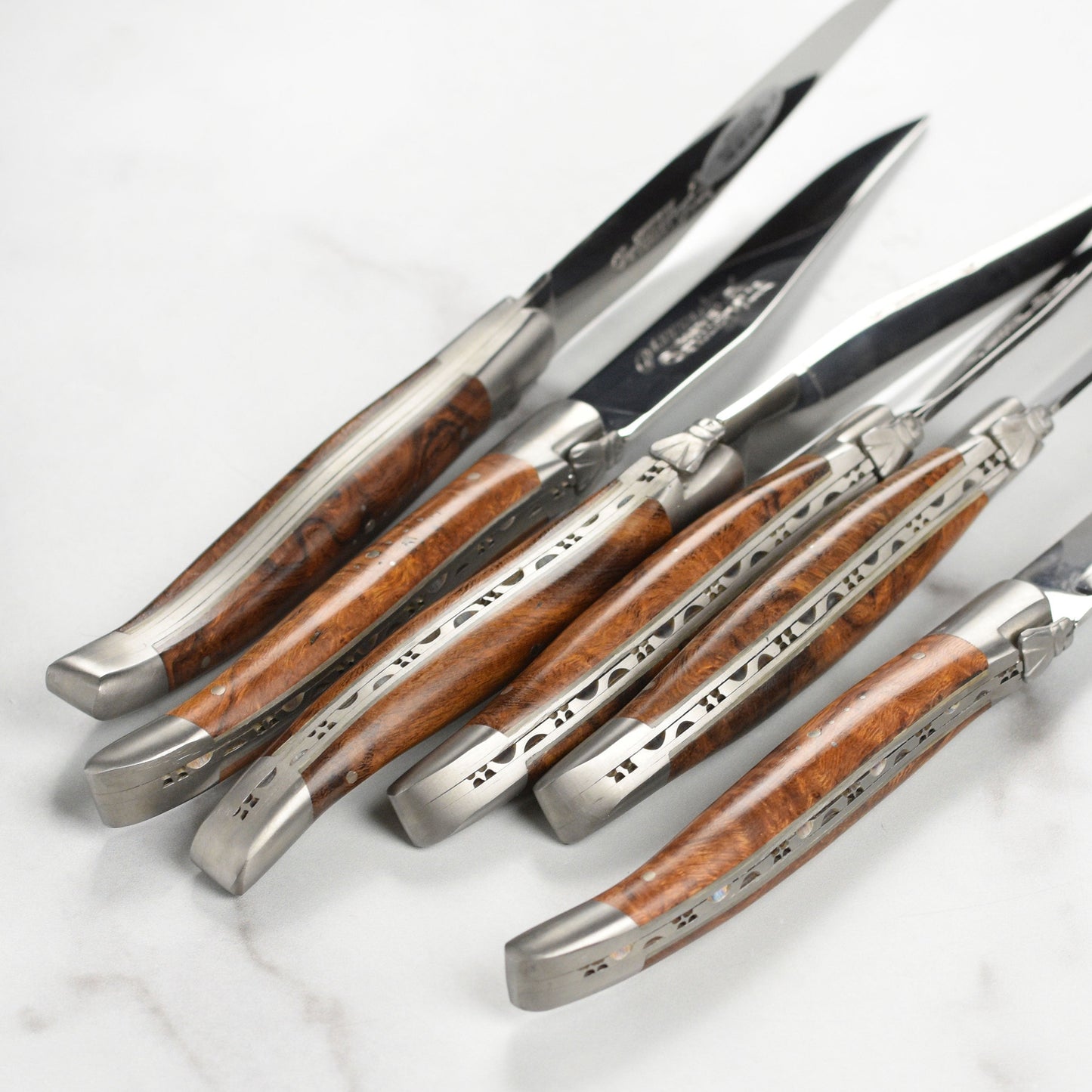 Laguiole en Aubrac 6 Piece Stainless Steel Steak Knife Set with Desert Iron Wood Burl Handles