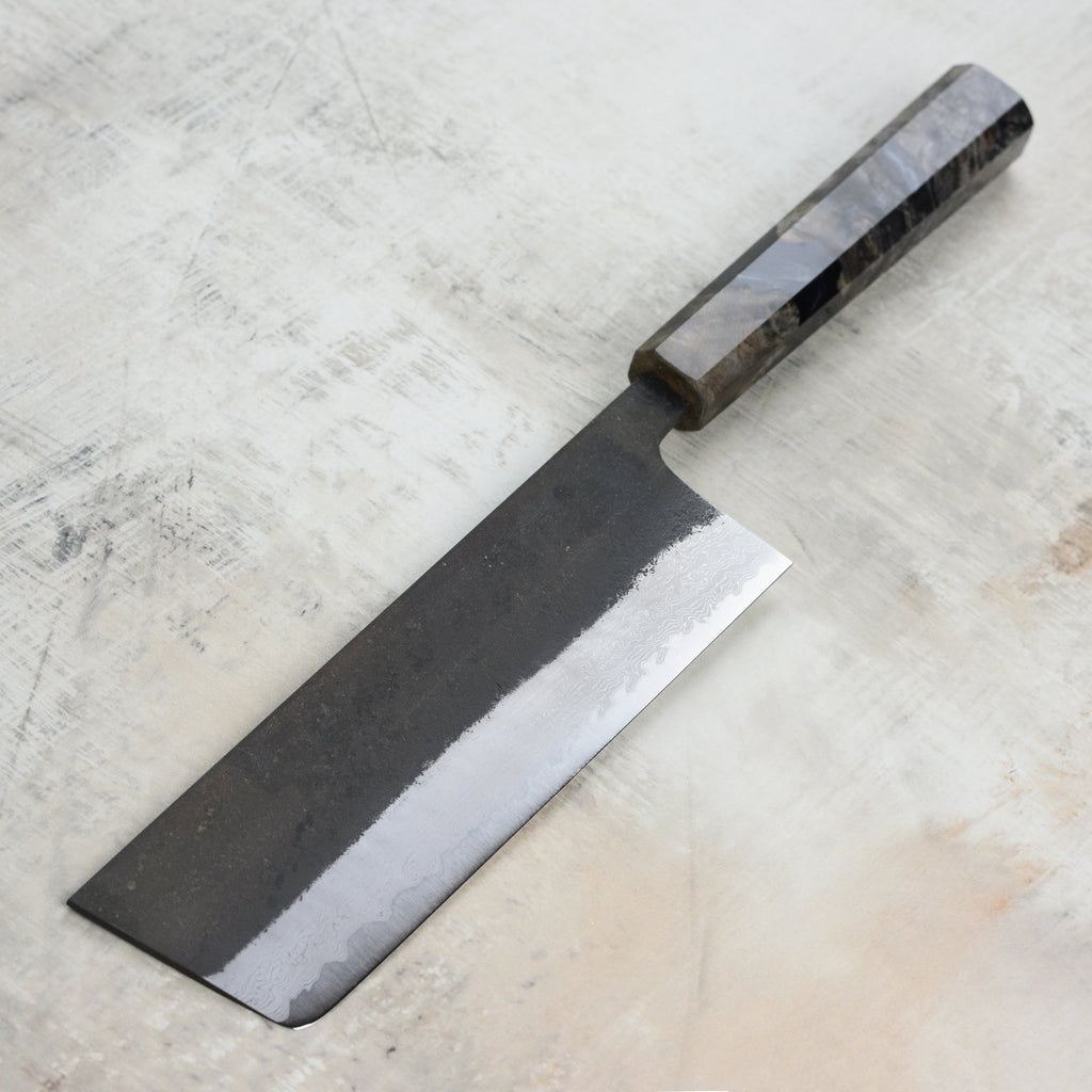 Hatsukokoro Shinkiro Aogami Super Kurouchi Damascus 6.5" Nakiri, Stabilized Birch