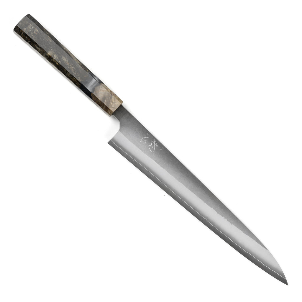 Yoshikane SKD Nashiji Stainless Clad 9.4" Sujihiki, Stabilized Birch