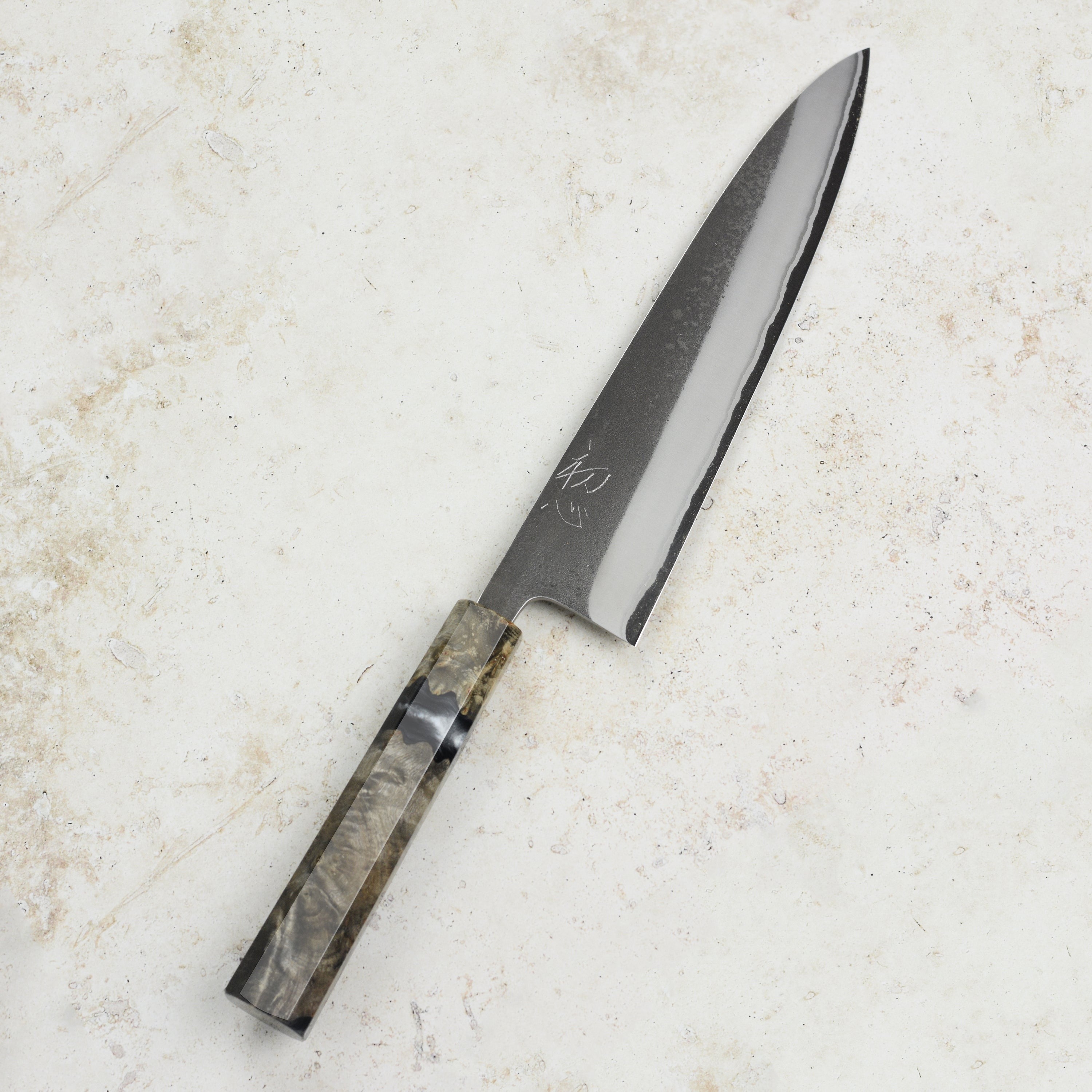 Yoshikane Shirogami #2 Kurouchi Stainless Clad 8.25" Gyuto, Stabilized Birch