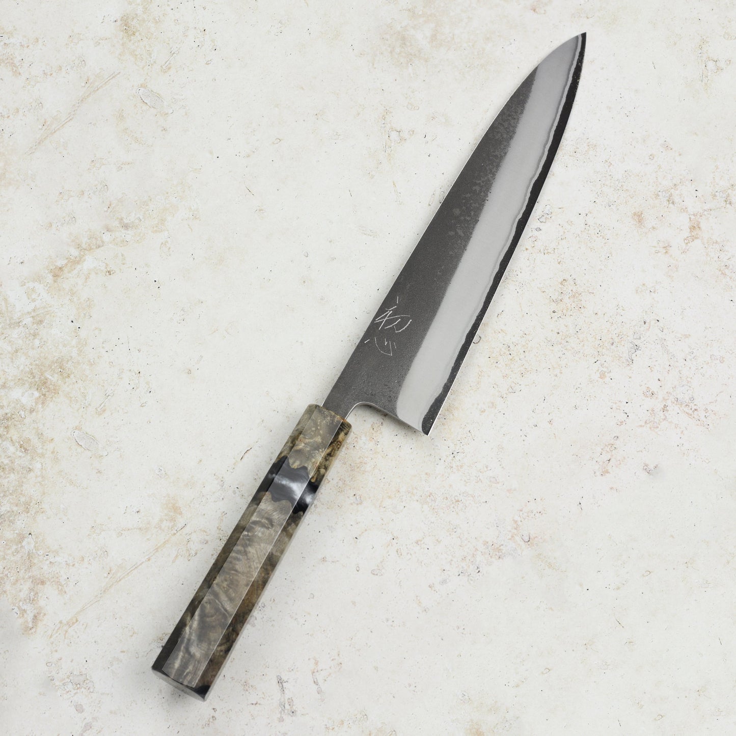 Yoshikane Shirogami #2 Kurouchi Stainless Clad 8.25" Gyuto, Stabilized Birch
