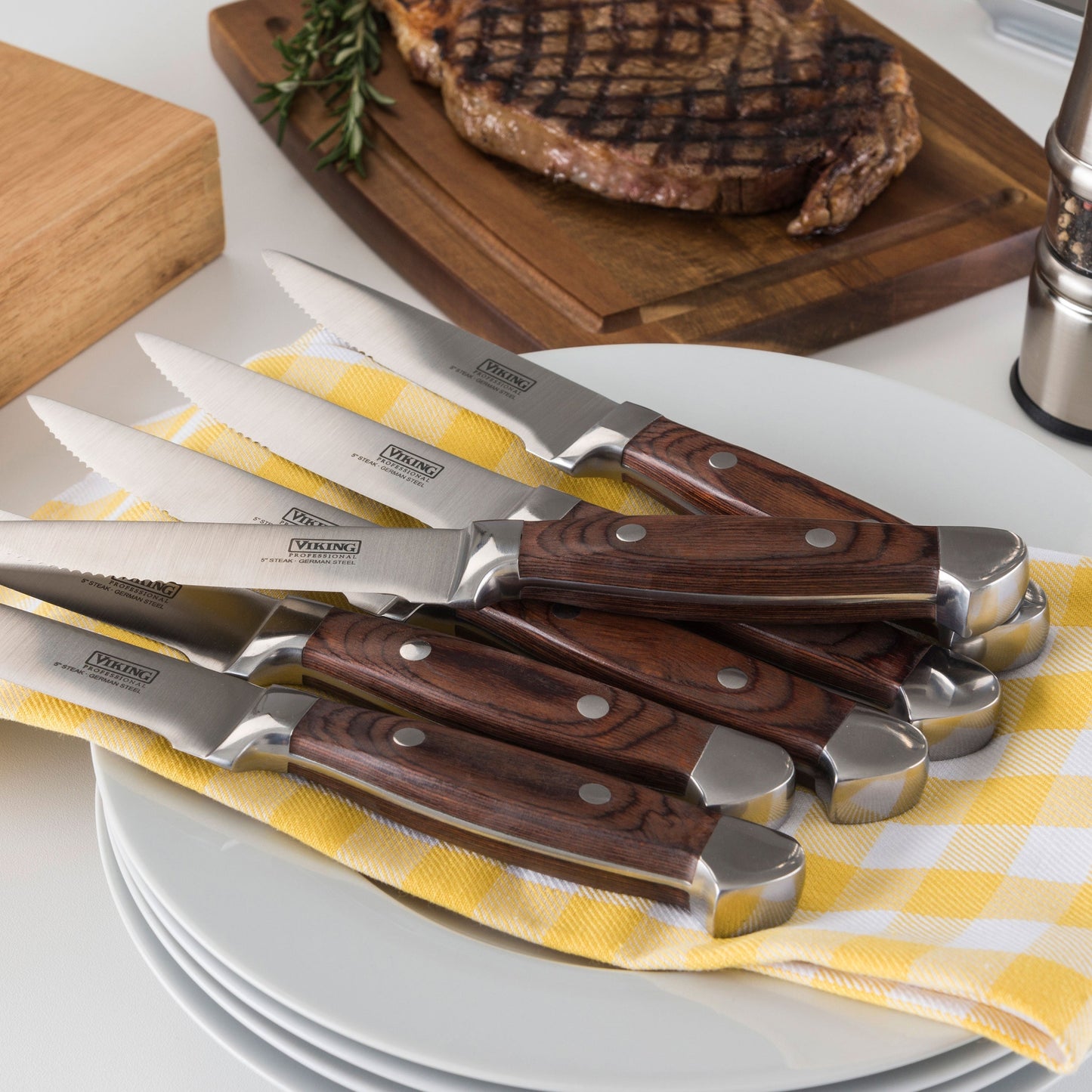 Viking 6 Piece Red Pakkawood Serrated Steak Knife Set with Presentation Case