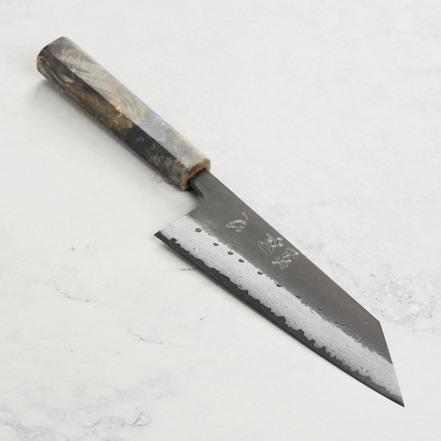 Hatsukokoro Shinkiro Aogami Super Kurouchi Damascus 6.5" Bunka, Stabilized Birch