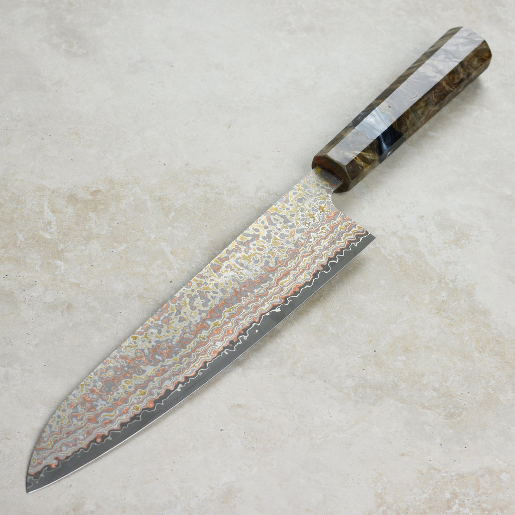 Saji Rainbow Damascus Nashiji 9.4" Gyuto, Stabilized Birch
