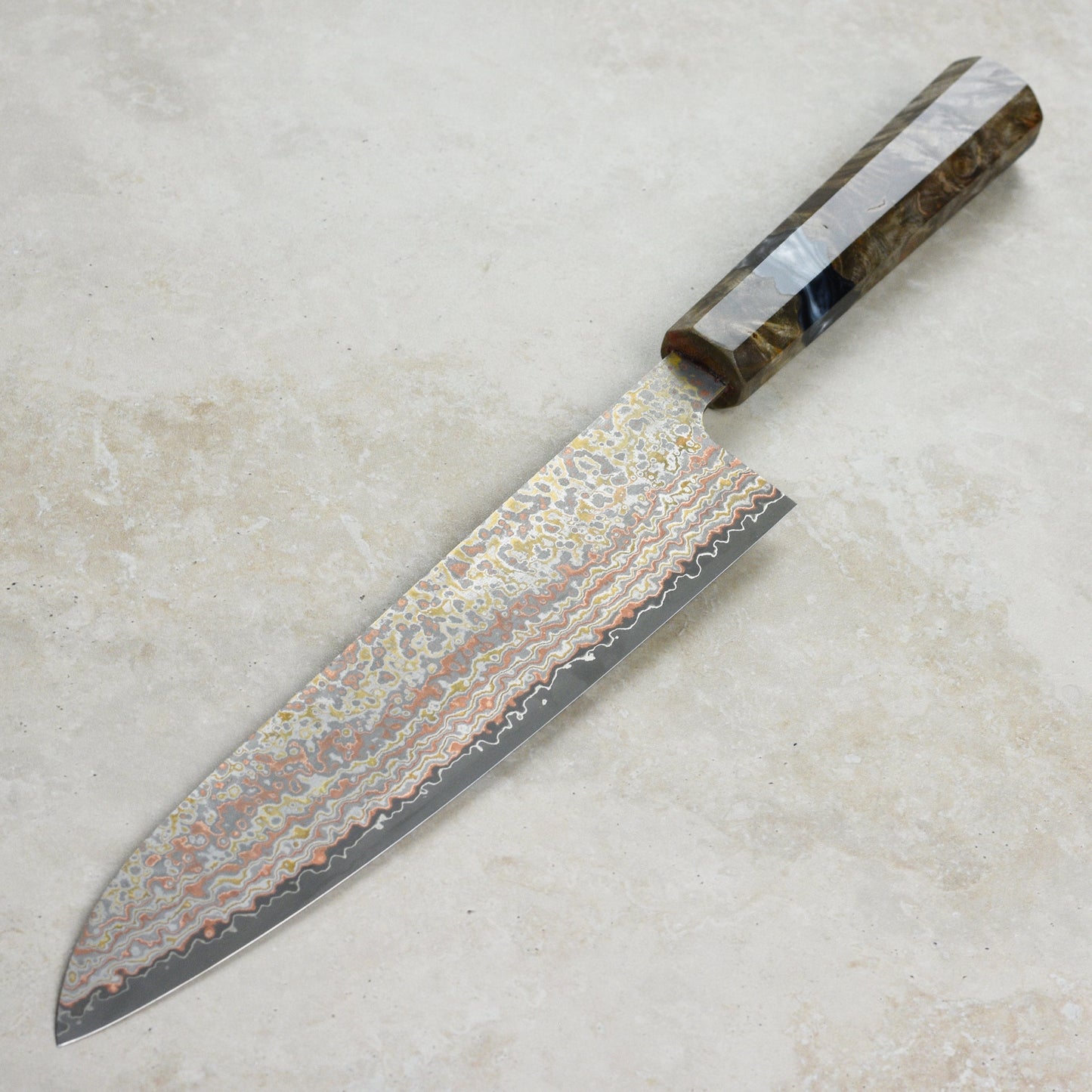 Saji Rainbow Damascus Nashiji 9.4" Gyuto, Stabilized Birch