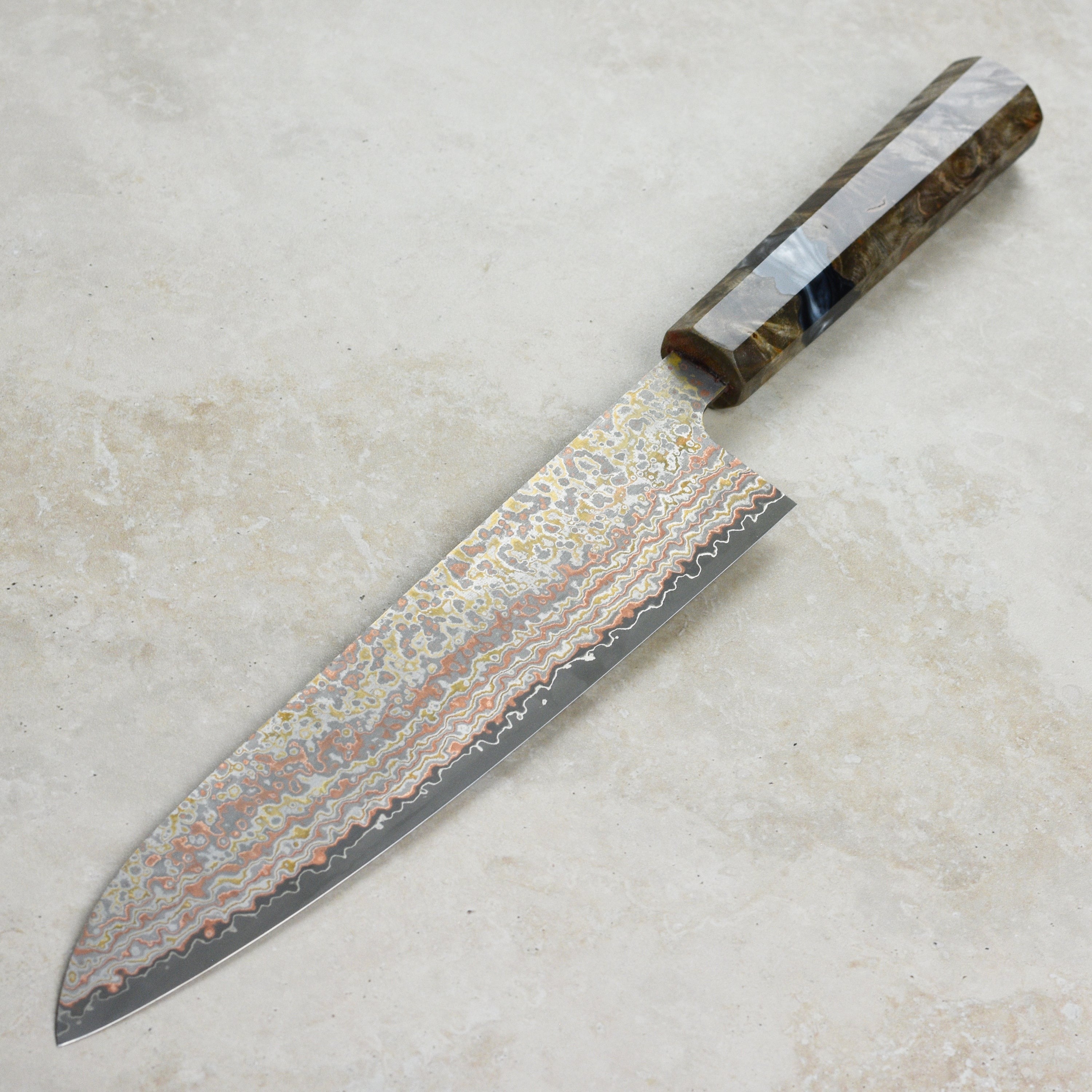 Saji Rainbow Damascus Nashiji 9.4" Gyuto, Stabilized Birch