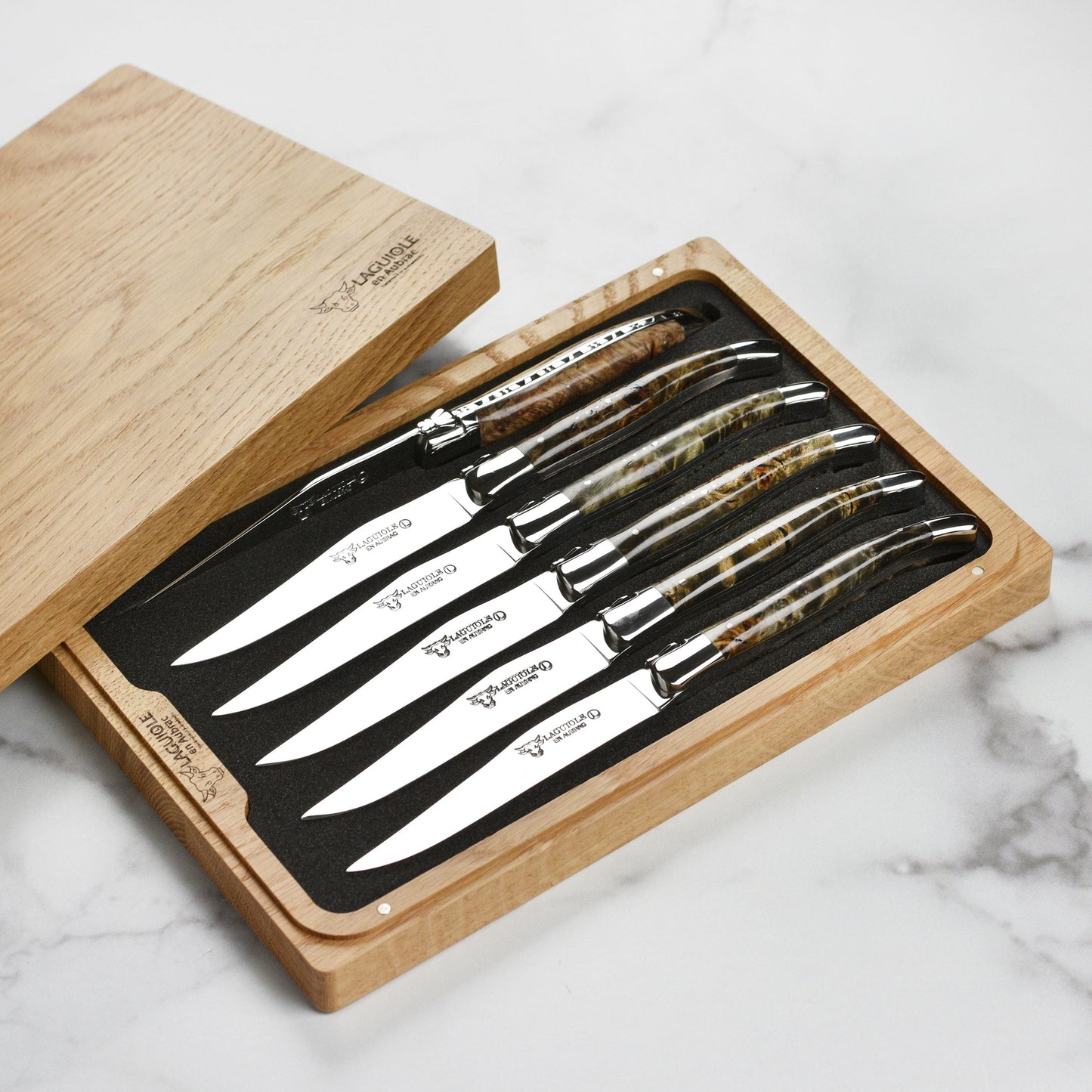 Laguiole en Aubrac 6 Piece Stainless Steel Steak Knife Set with Black Poplar Burl Wood Handles