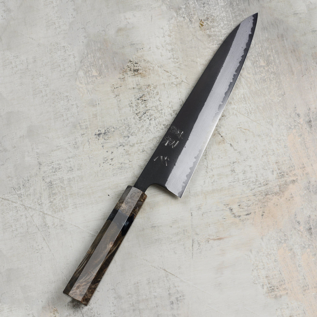 Hatsukokoro Shinkiro Aogami Super Kurouchi Damascus 9.4" Gyuto, Stabilized Birch