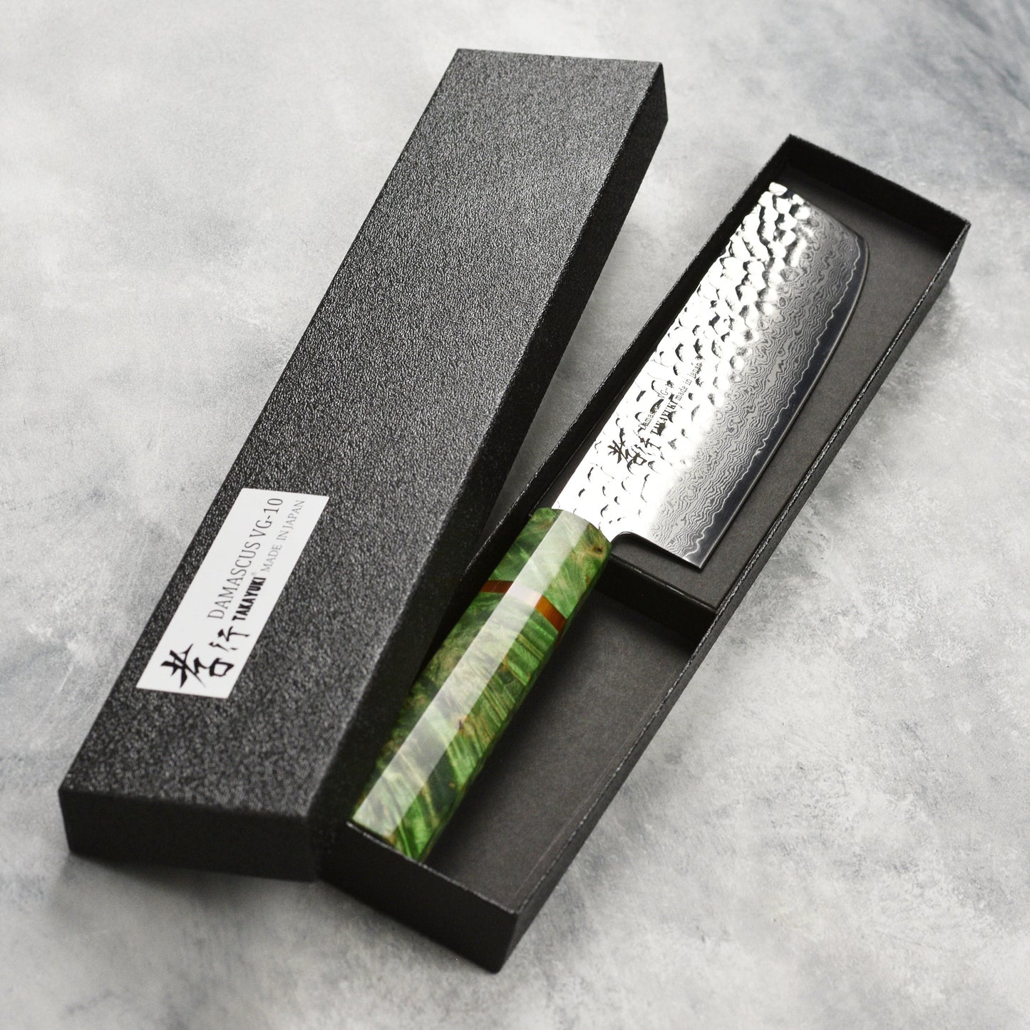 Takayuki Tsuchime Damascus 6.7" Nakiri, Green Stabilized Handle