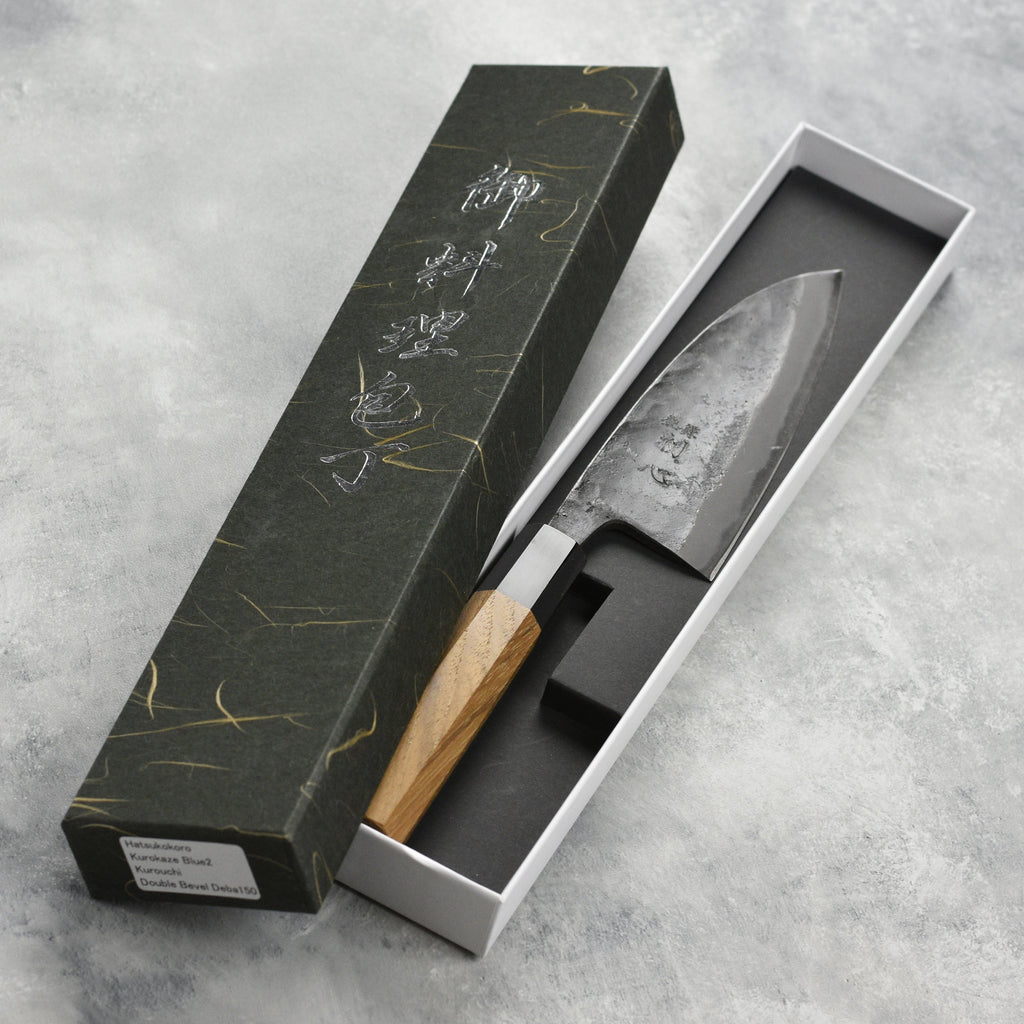 Hatsukokoro Kurokaze Aogami #2 Kurouchi 5.9" Double Bevel Deba, Teak