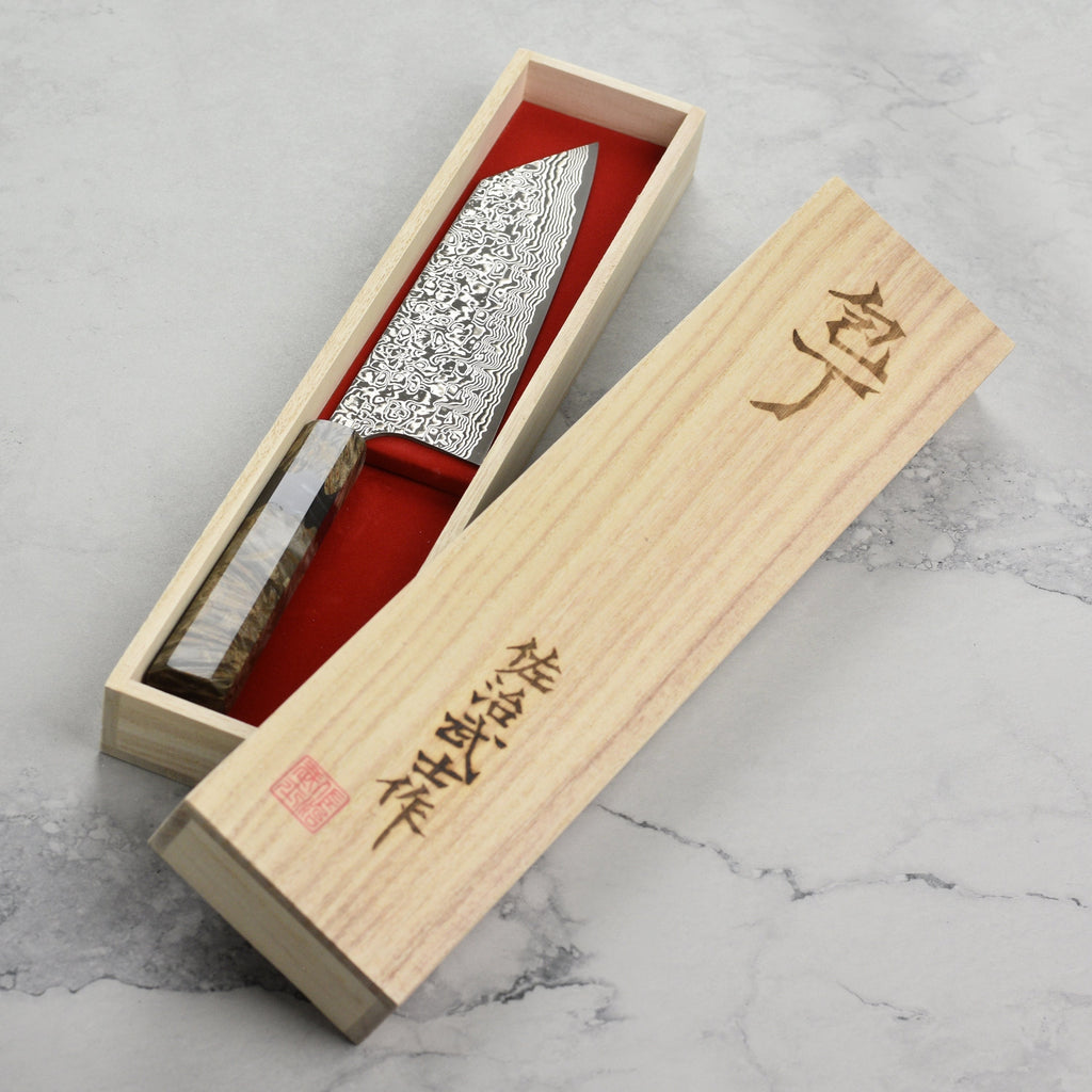 Saji SG2 Black Damascus 6.7" Bunka, Stabilized Birch