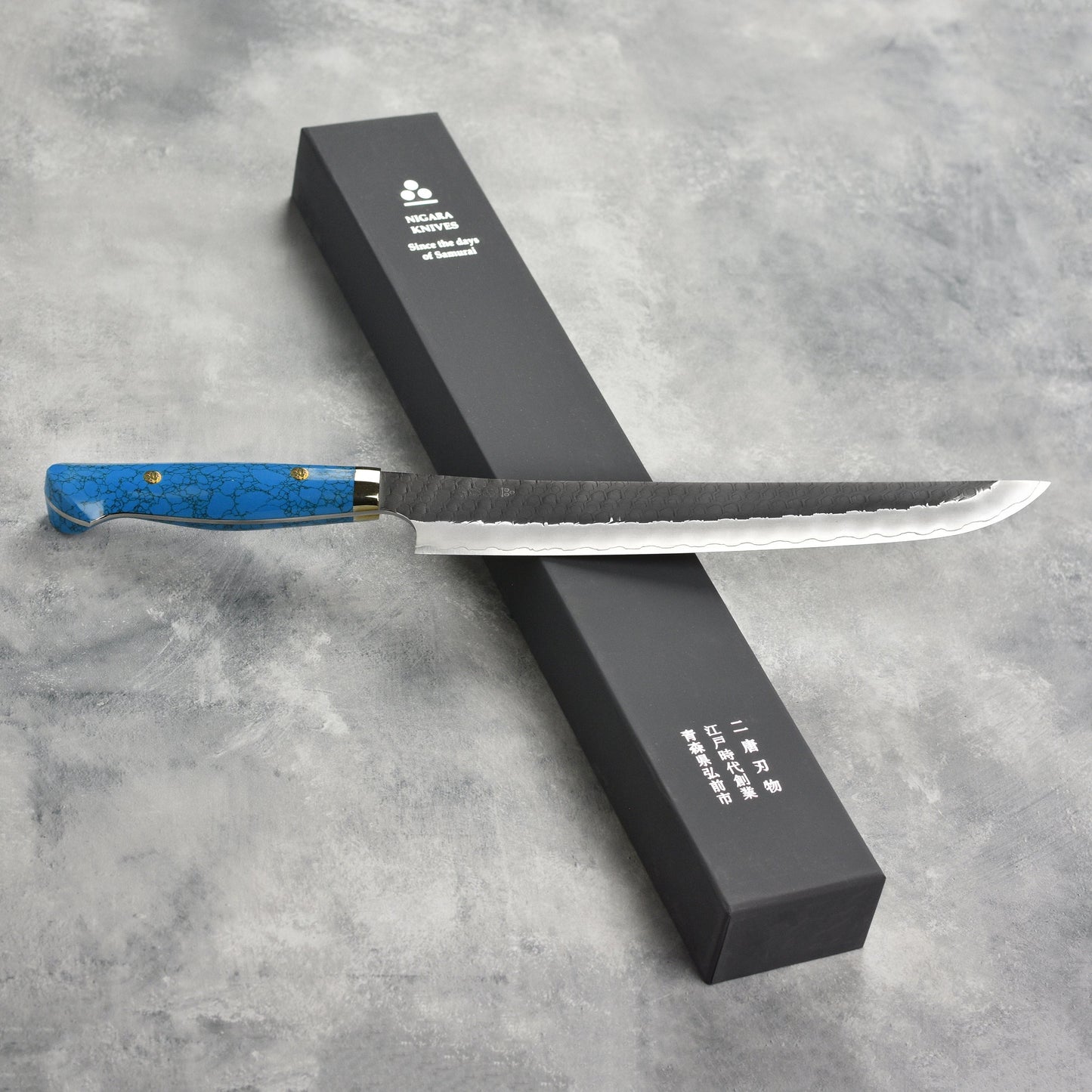 Nigara SG2 Kurouchi Tsuchime 10.6" Sakimaru Sujihiki, Blue Turquoise
