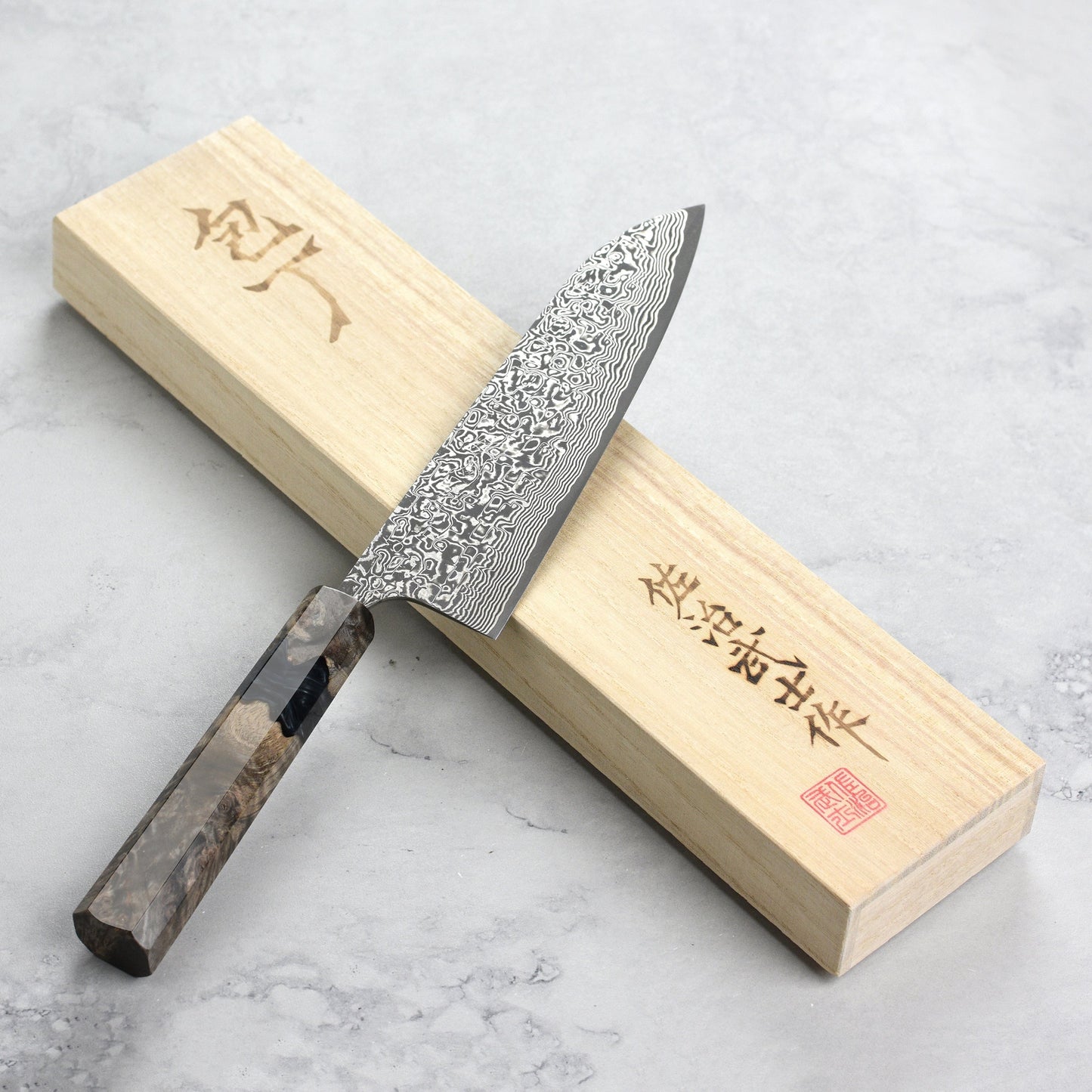 Saji SG2 Black Damascus 7" Santoku, Stabilized Birch
