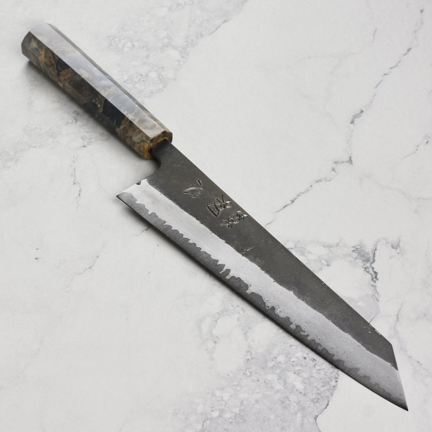 Hatsukokoro Shinkiro Aogami Super Kurouchi Damascus 9.4" Kiritsuke, Stabilized Birch