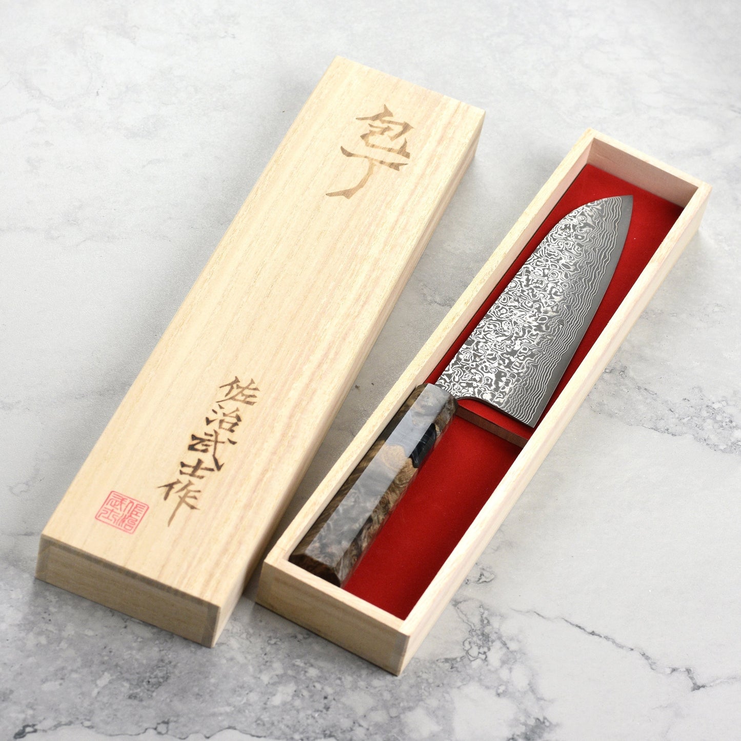 Saji SG2 Black Damascus 7" Santoku, Stabilized Birch