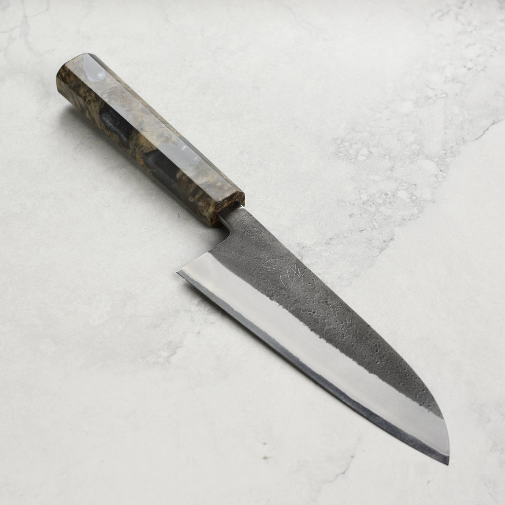 Yoshikane Shirogami #2 Kurouchi Stainless Clad 6.5" Santoku, Stabilized Birch