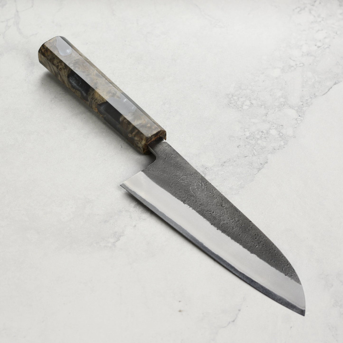 Yoshikane Shirogami #2 Kurouchi Stainless Clad 6.5" Santoku, Stabilized Birch