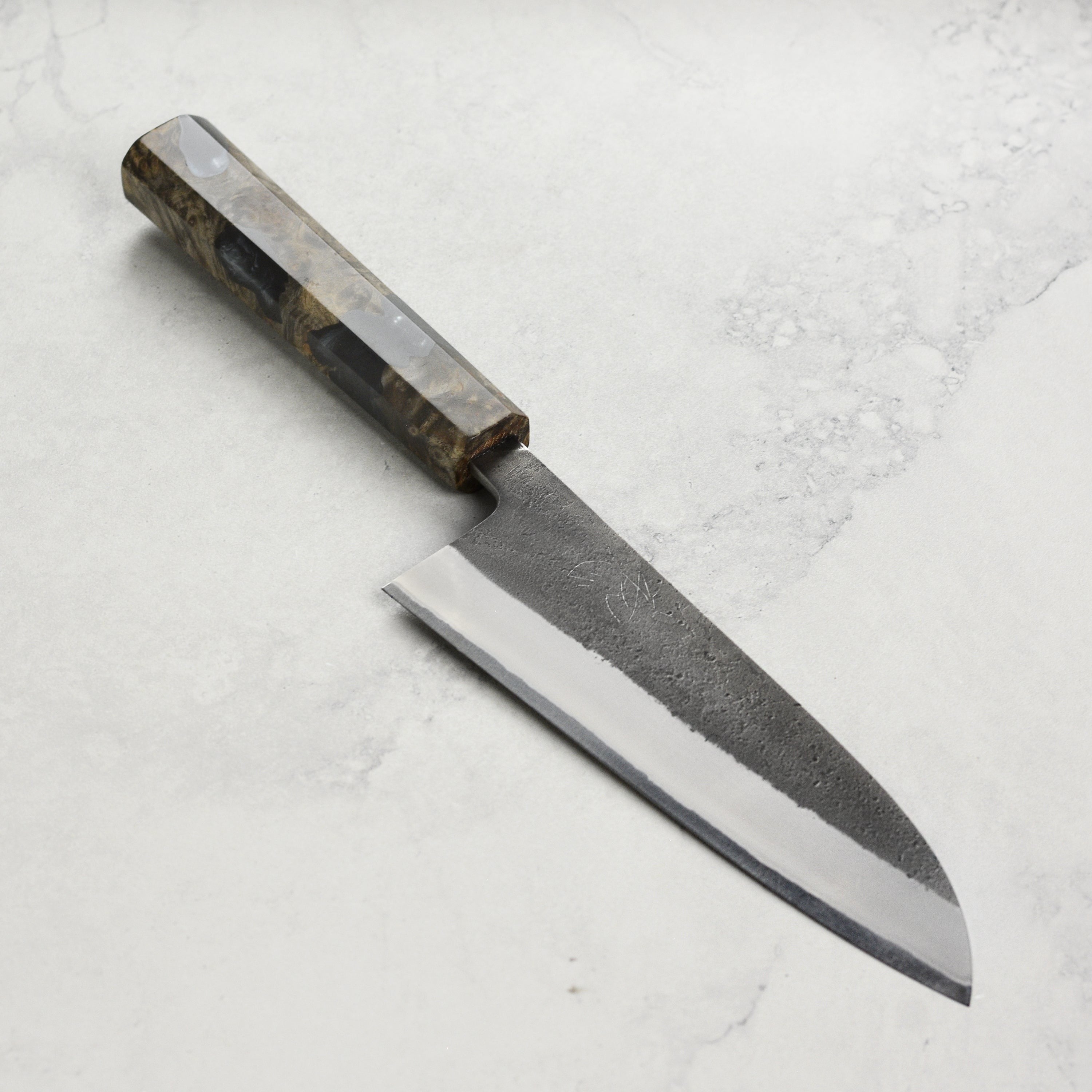 Yoshikane Shirogami #2 Kurouchi Stainless Clad 6.5" Santoku, Stabilized Birch