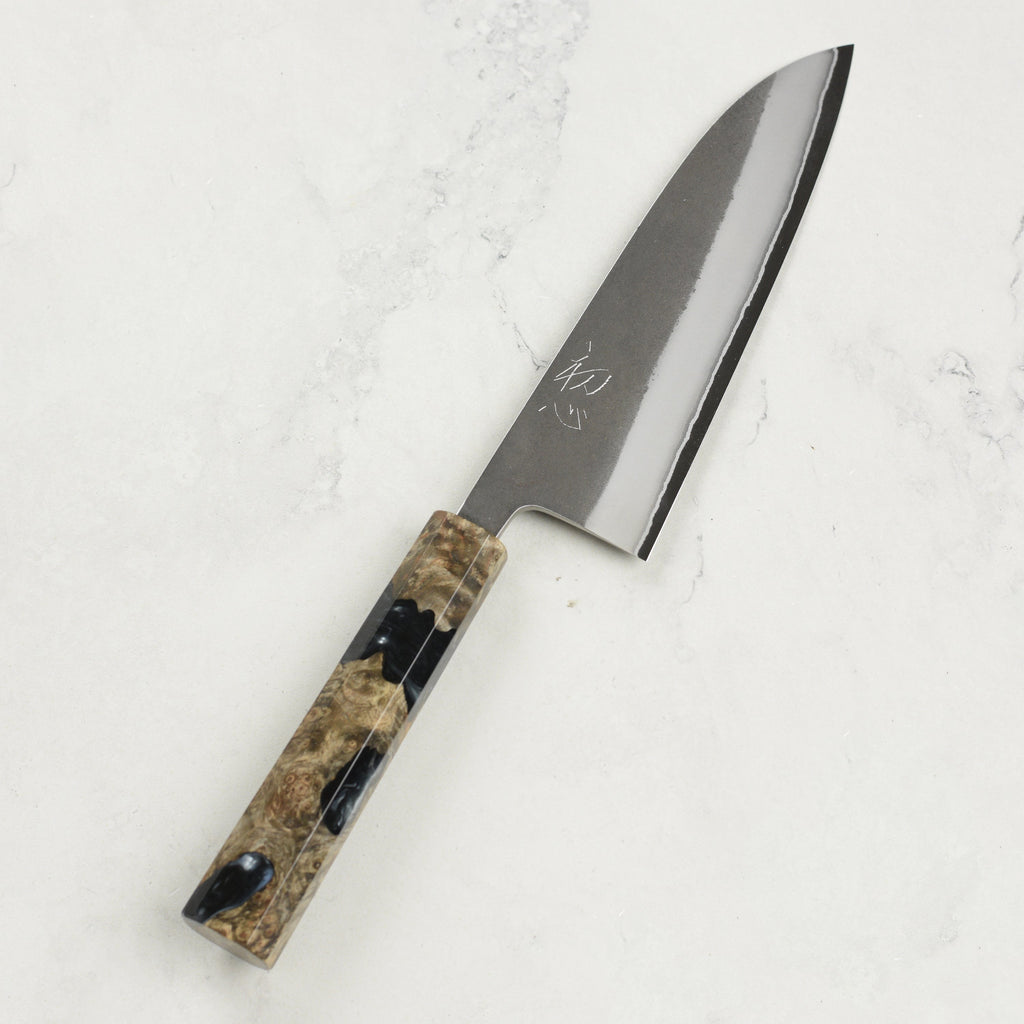 Yoshikane Shirogami #2 Kurouchi Stainless Clad 6.5" Santoku, Stabilized Birch