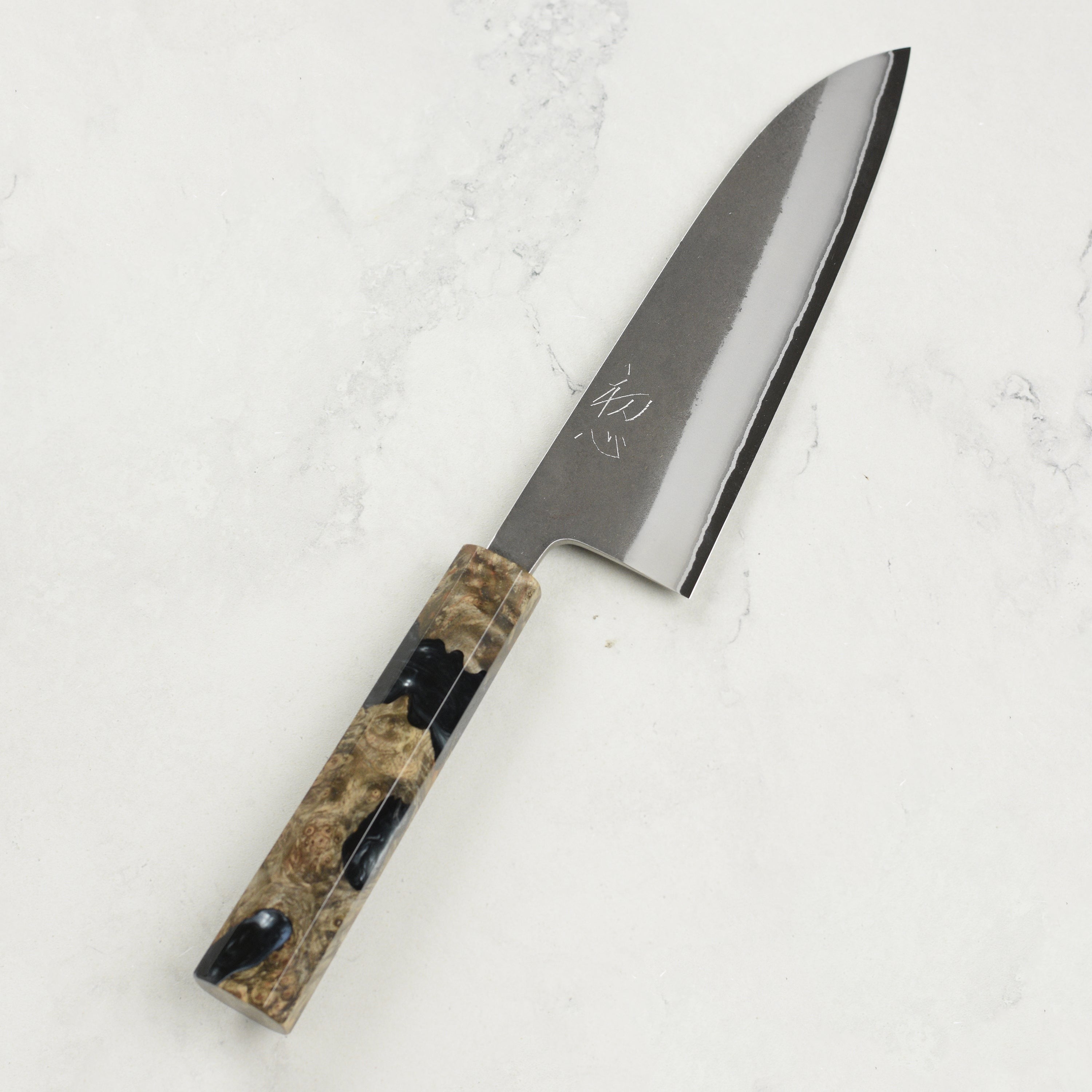 Yoshikane Shirogami #2 Kurouchi Stainless Clad 6.5" Santoku, Stabilized Birch