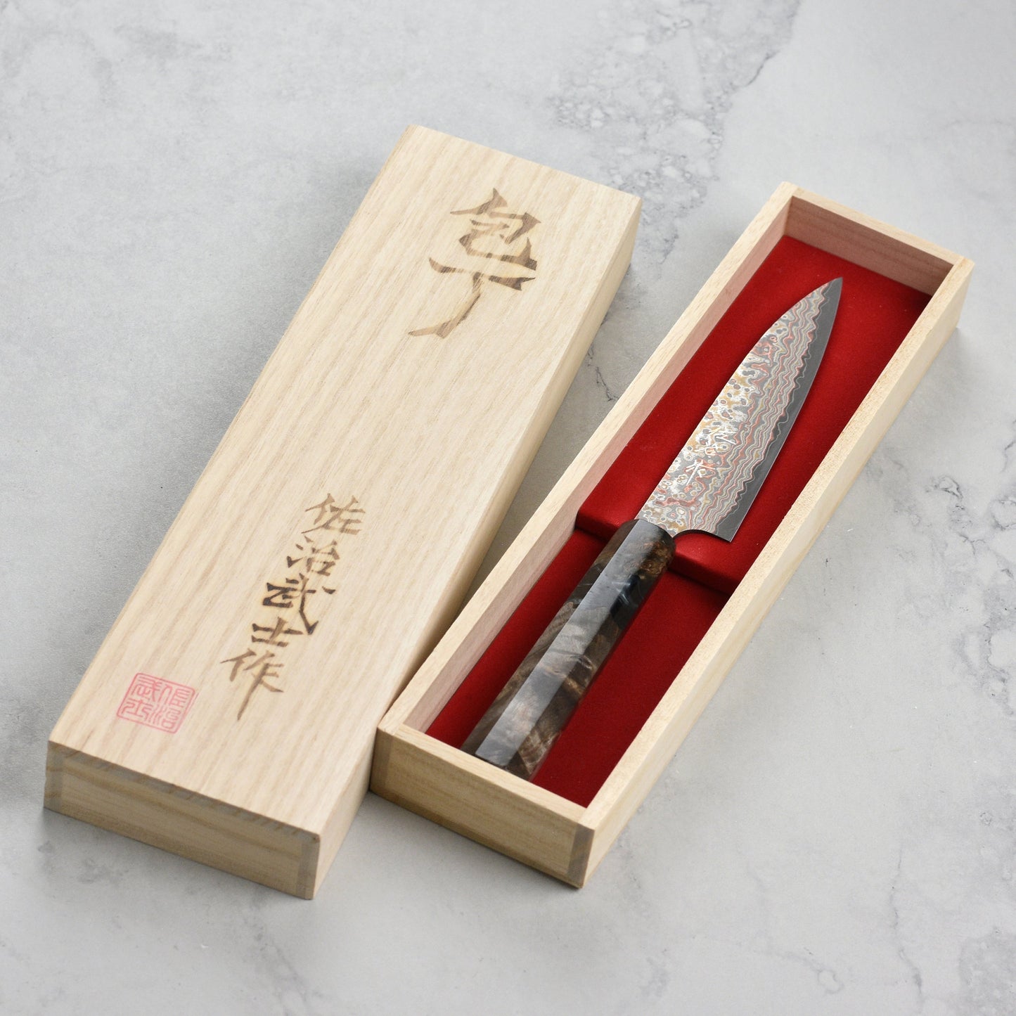 Saji Rainbow Damascus Nashiji 5.1" Petty, Stabilized Birch