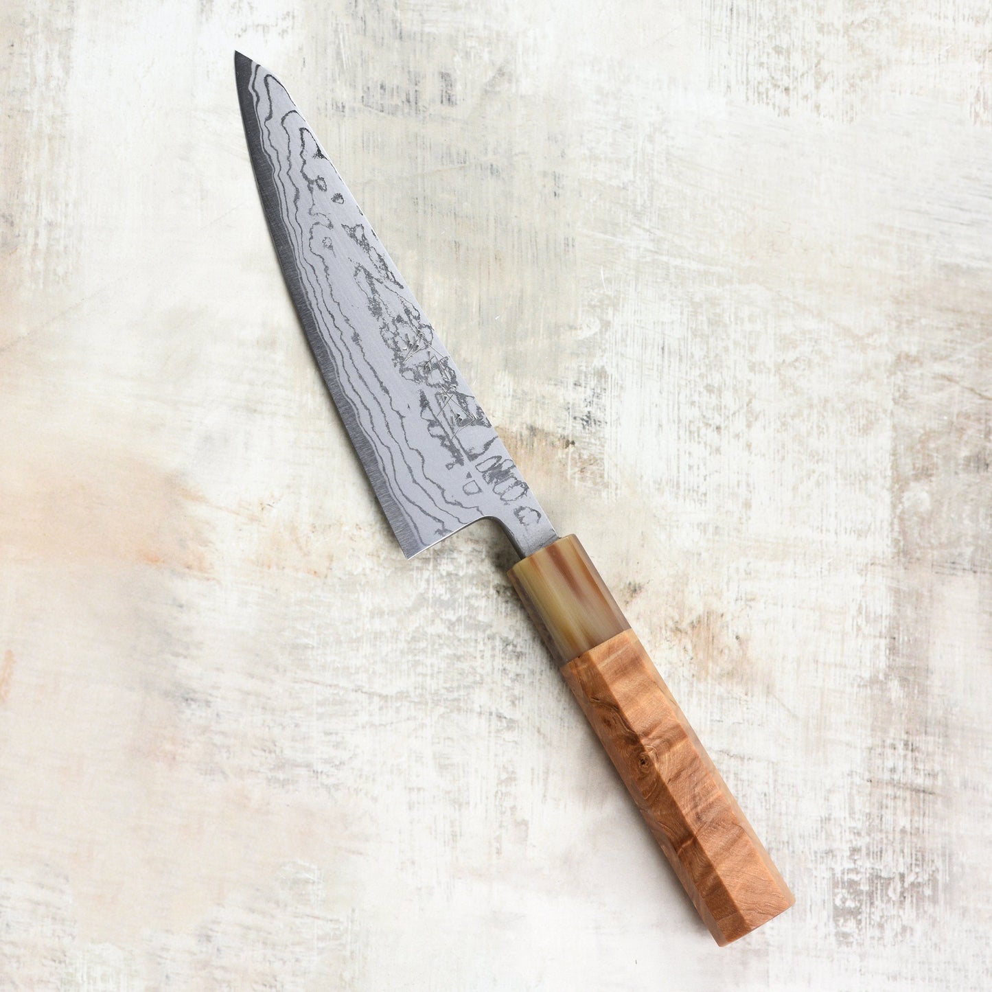 Shiro Kamo Shirogami #2 Damascus 5.9" Kiritsuke Petty