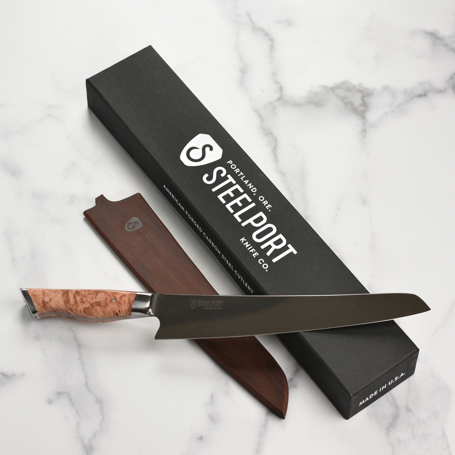 Steelport Carbon Steel 10" Slicing Knife with Oregon Maple Magnetic Sheath