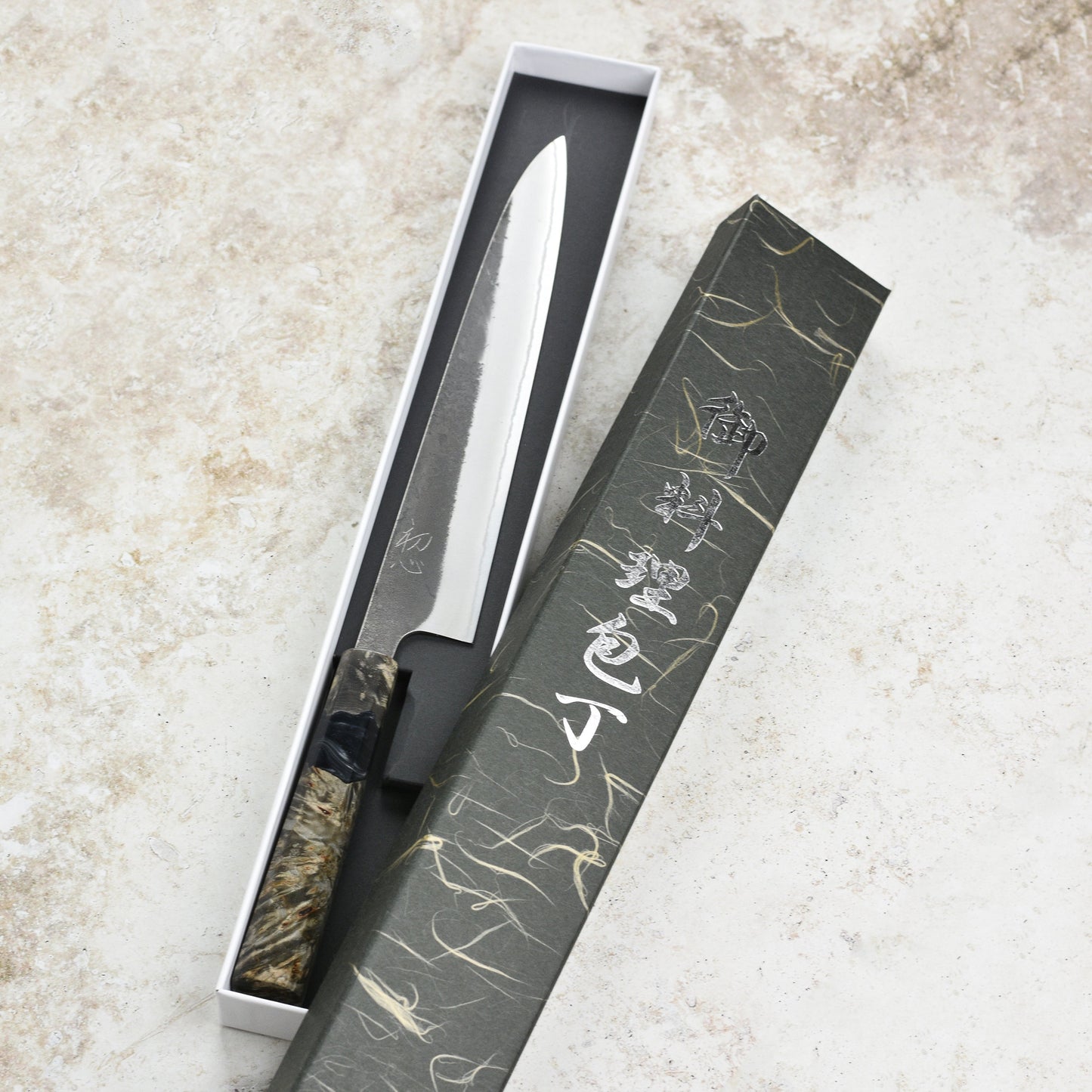 Yoshikane Shirogami #2 Kurouchi Stainless Clad 9.4" Sujihiki, Stabilized Birch