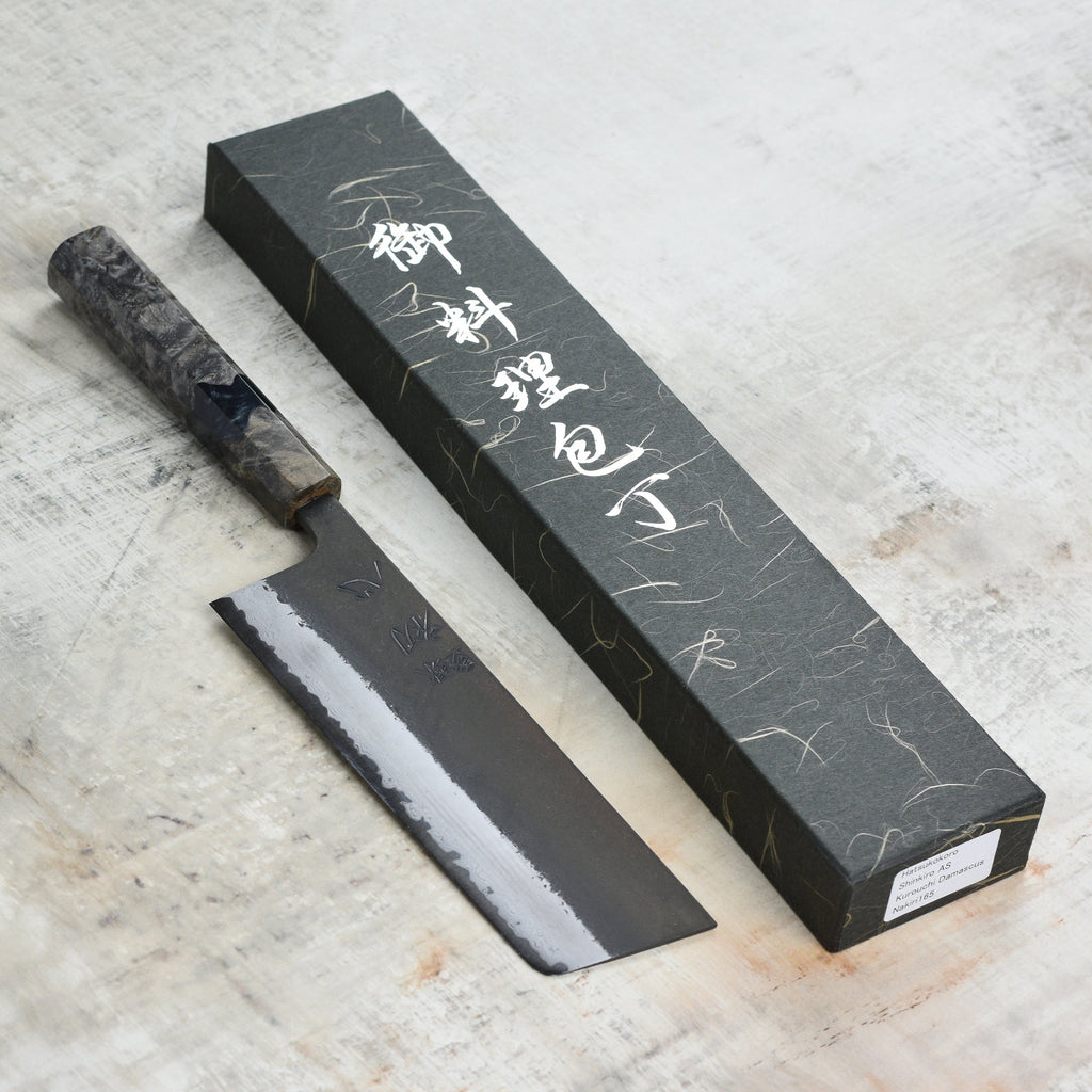 Hatsukokoro Shinkiro Aogami Super Kurouchi Damascus 6.5" Nakiri, Stabilized Birch