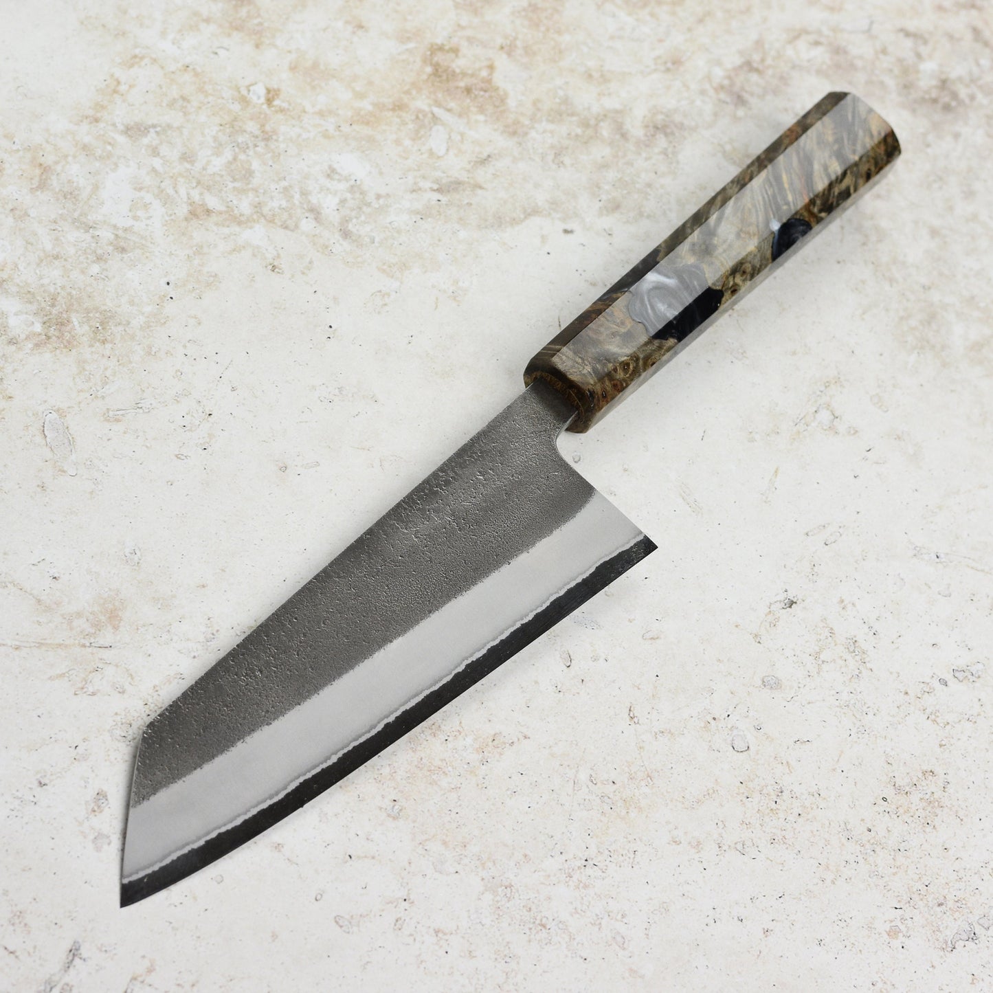Yoshikane Shirogami #2 Kurouchi Stainless Clad 6.5" Bunka, Stabilized Birch
