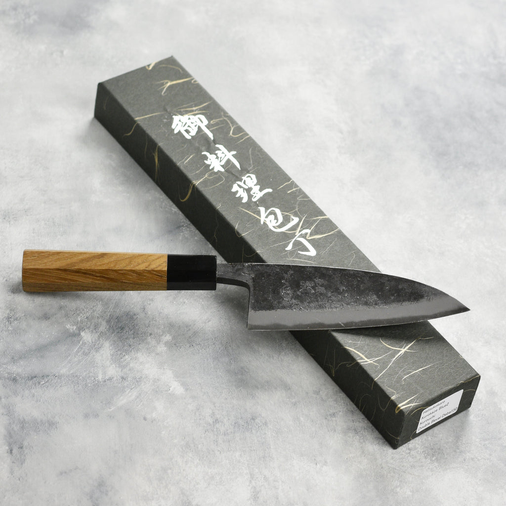 Hatsukokoro Kurokaze Aogami #2 Kurouchi 5.9" Double Bevel Deba, Teak