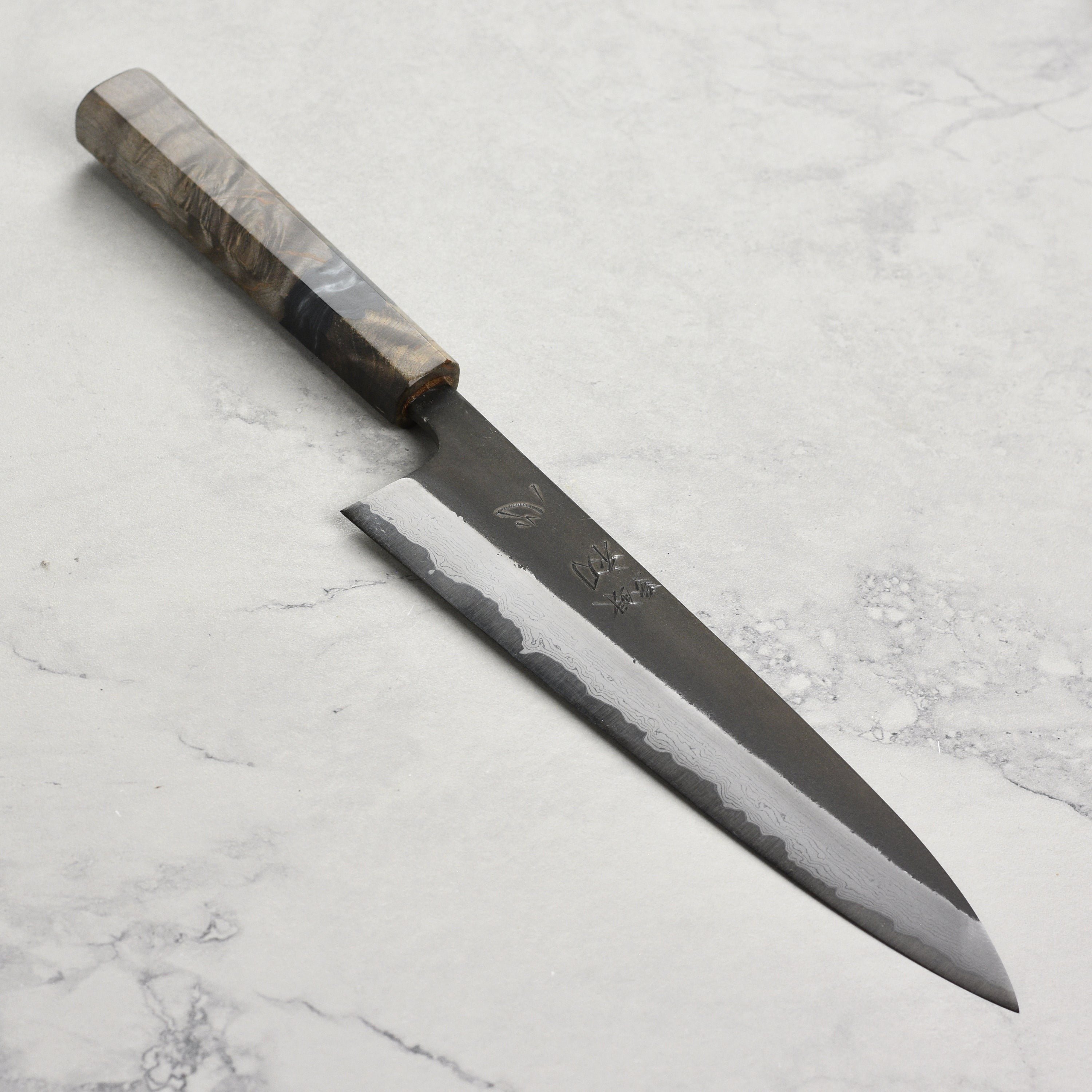 Hatsukokoro Shinkiro Aogami Super Kurouchi Damascus 8.25" Gyuto, Stabilized Birch