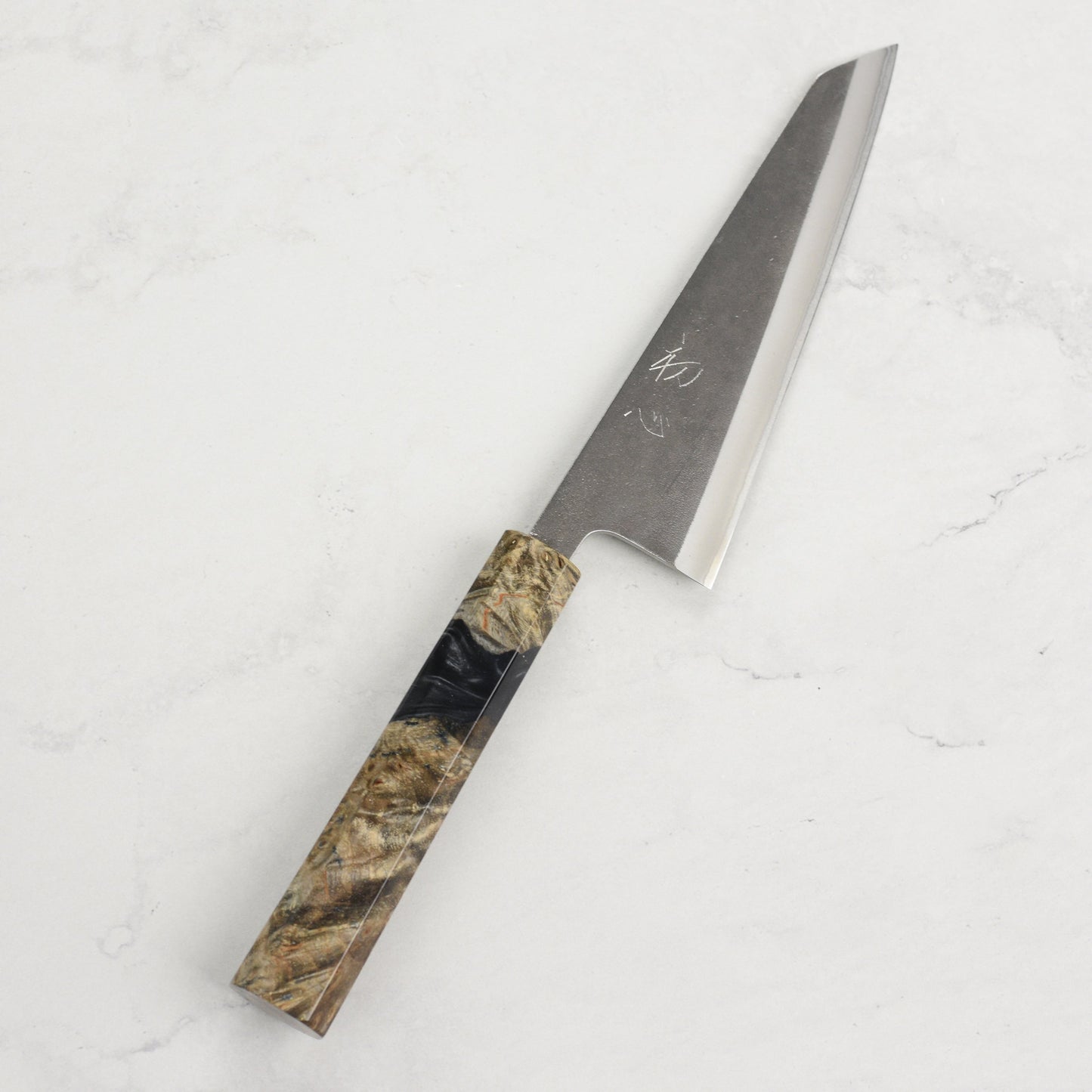 Yoshikane Shirogami #2 Kurouchi Stainless Clad 5.9" Honesuki, Stabilized Birch