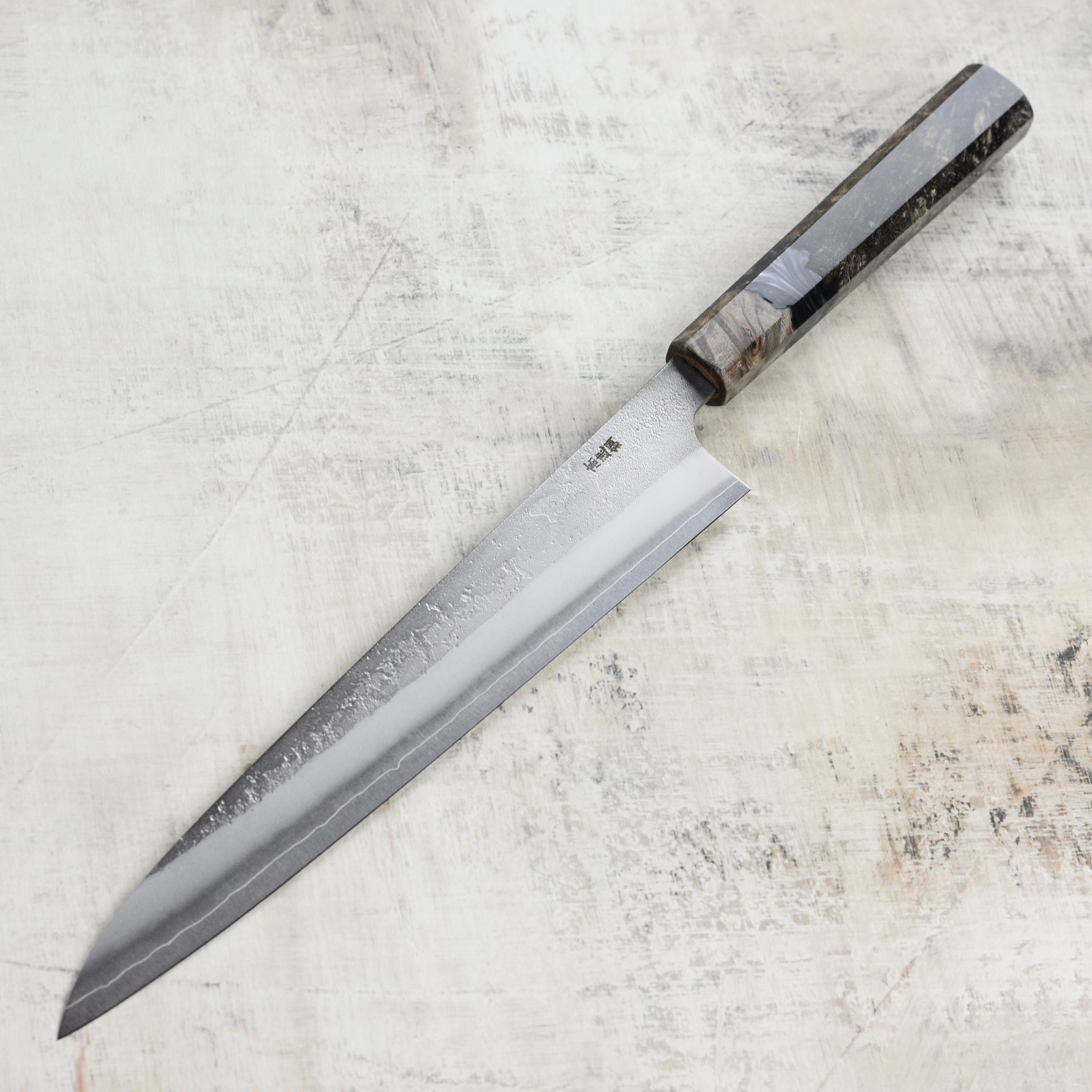 Yoshikane SKD Nashiji Stainless Clad 9.4" Sujihiki, Stabilized Birch