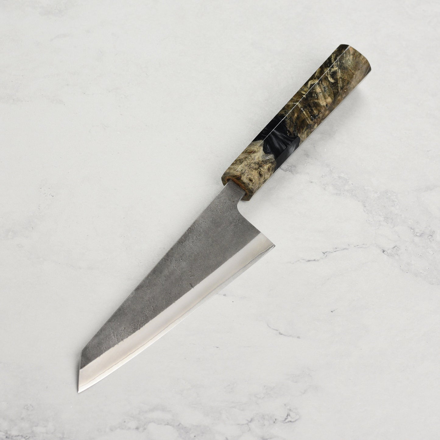 Yoshikane Shirogami #2 Kurouchi Stainless Clad 5.9" Honesuki, Stabilized Birch