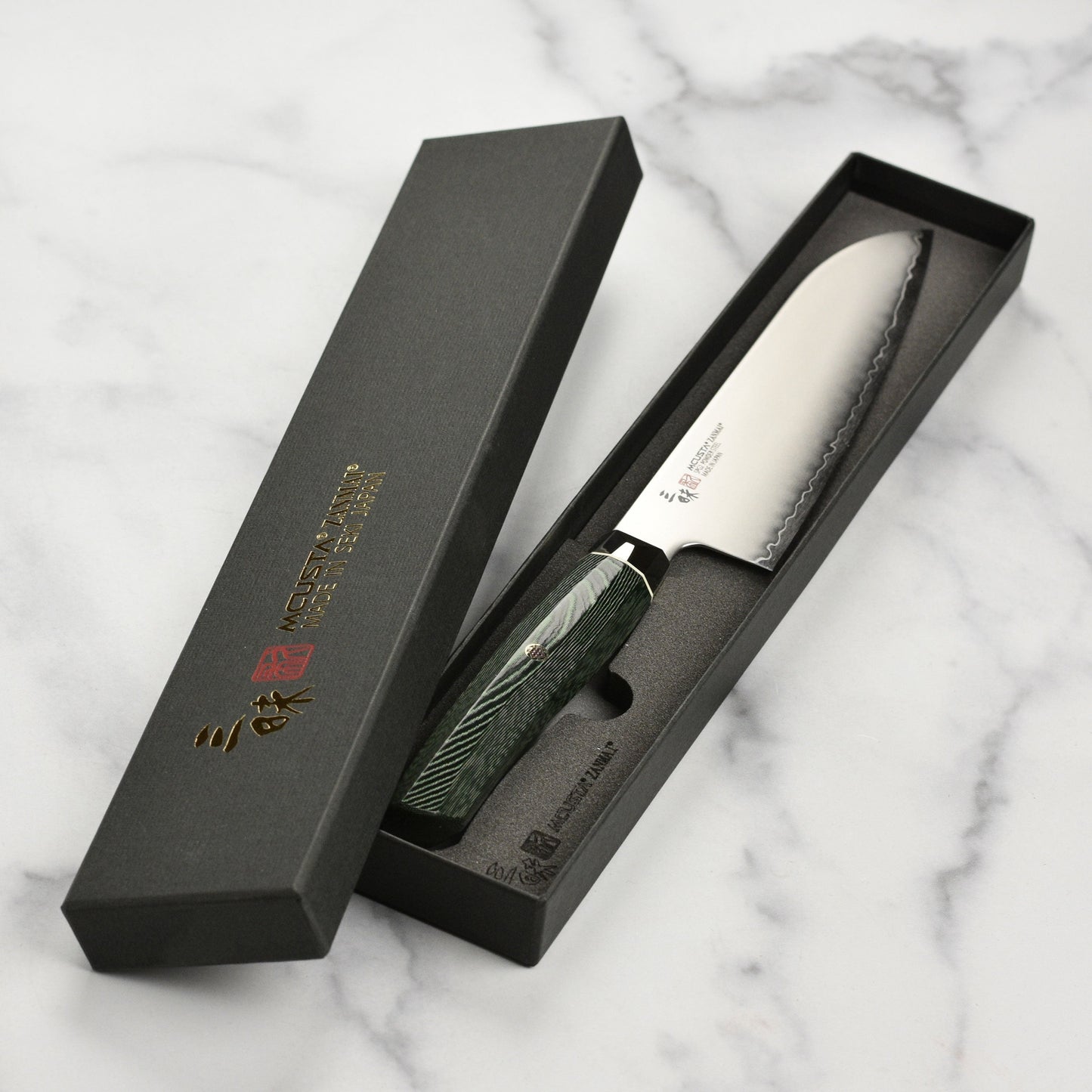 Zanmai Revolution SG2 7" Santoku Knife with Green Micarta Handle