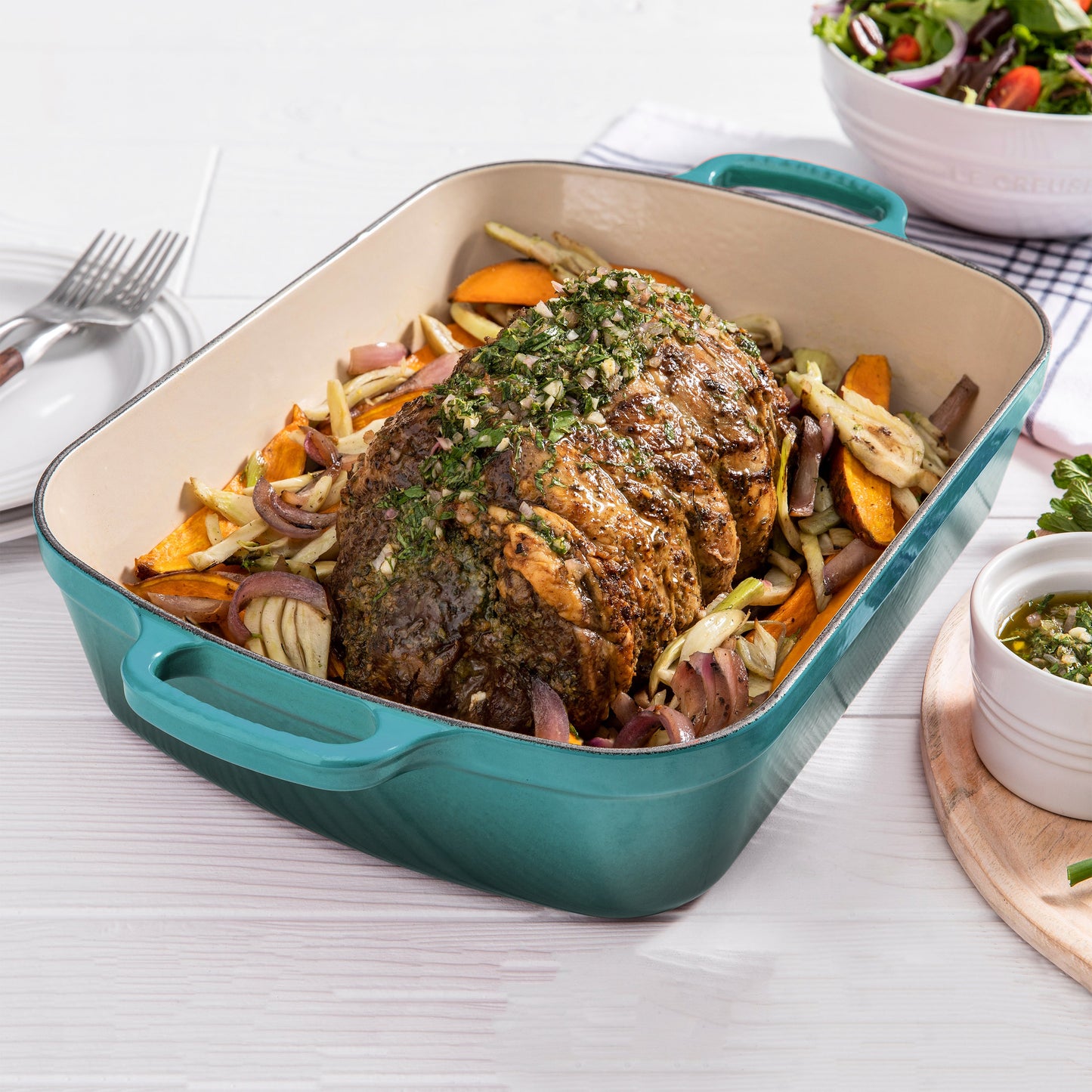 Le Creuset Signature Cast Iron Bleu Riviera Roasting Pan, 12.75x9.75"