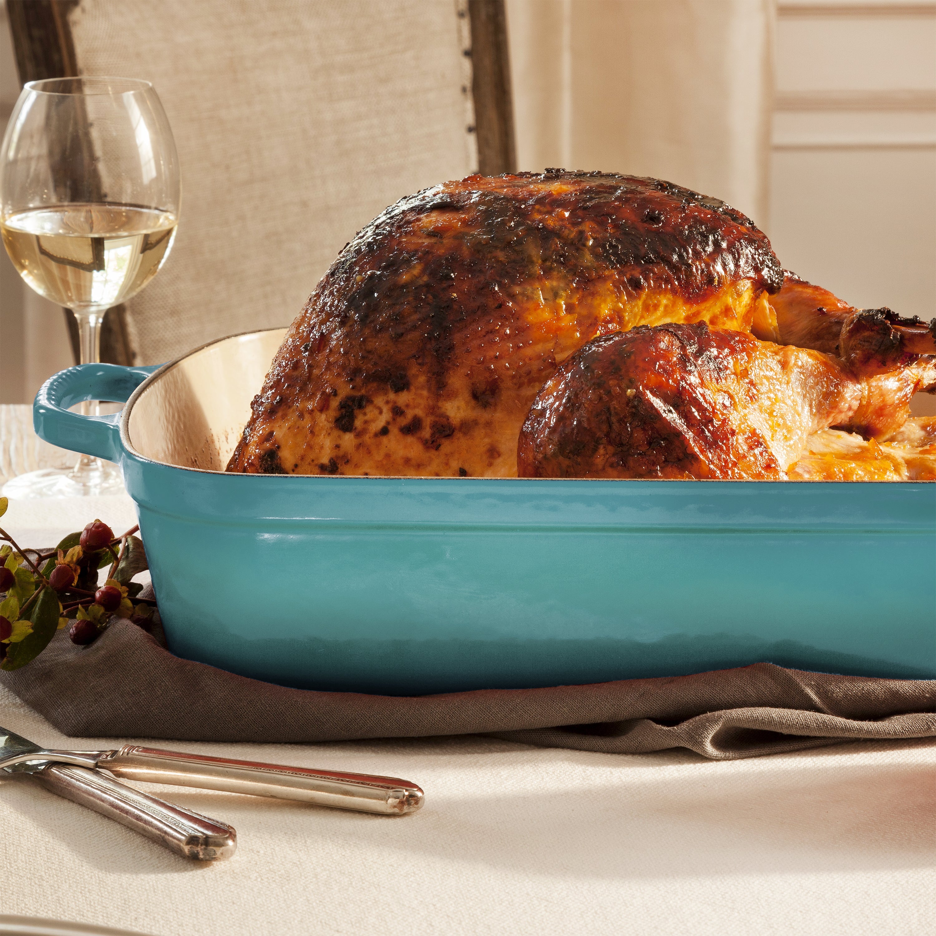 Le Creuset Signature Cast Iron Bleu Riviera Roasting Pan, 12.75x9.75"