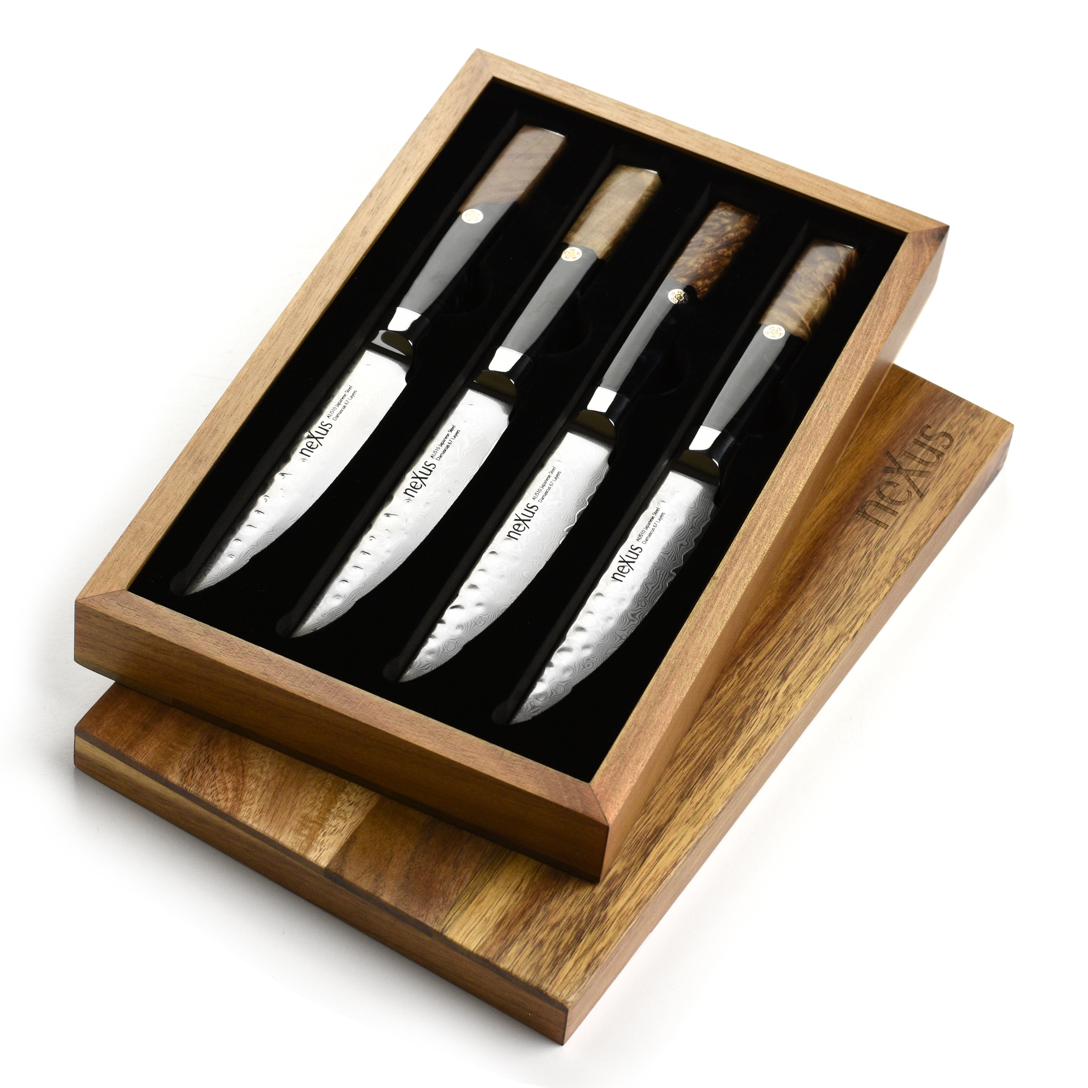 Nexus 4 Piece Damascus Steak Knife Set, Black Resin & Stabilized Wood