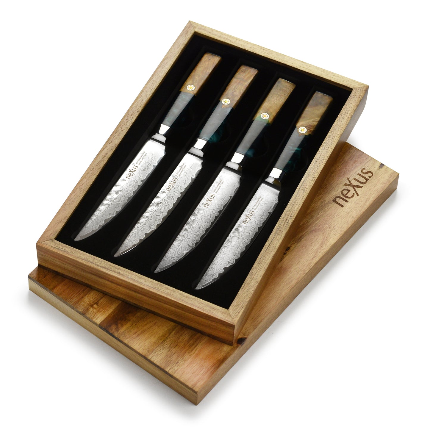 Nexus 4 Piece Damascus Steak Knife Set, Teal Resin & Stabilized Wood