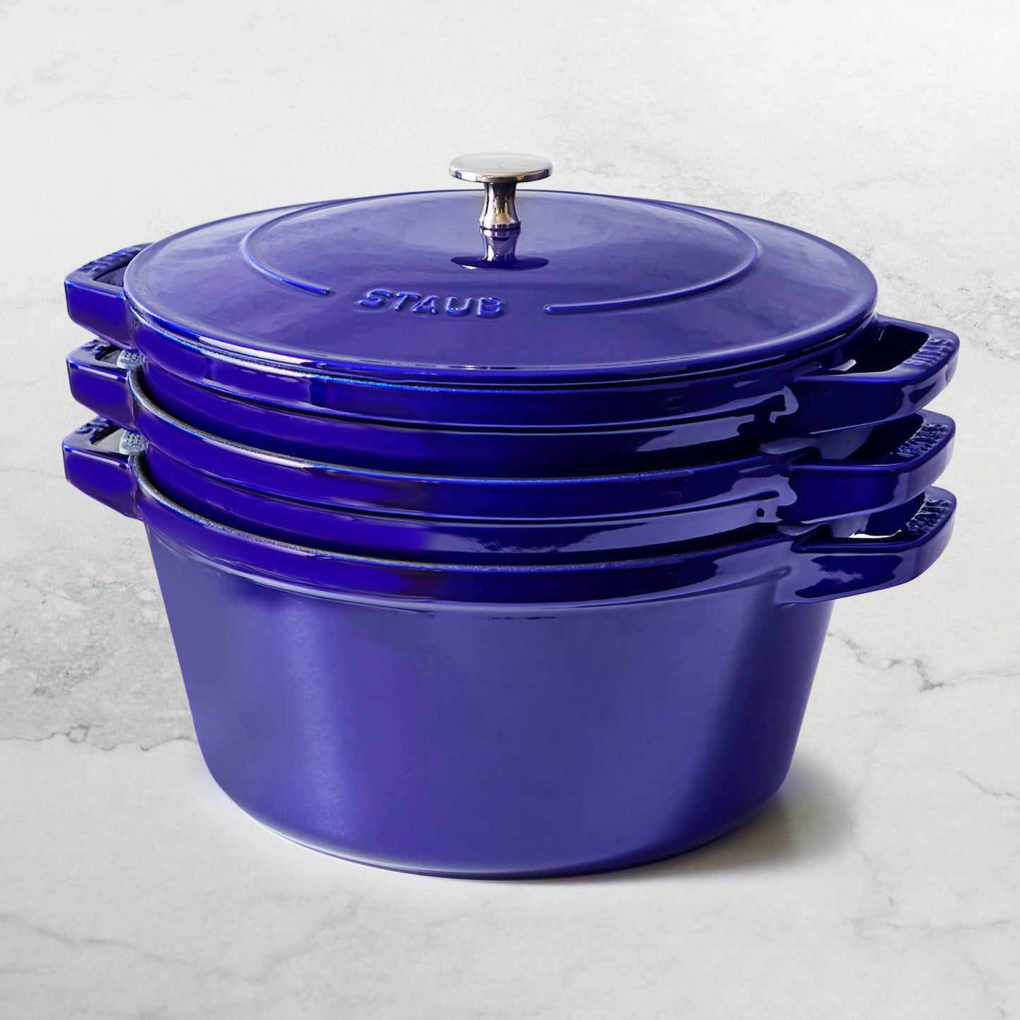 Staub 4 Piece Sapphire Blue Stackable Cast Iron Cookware Set