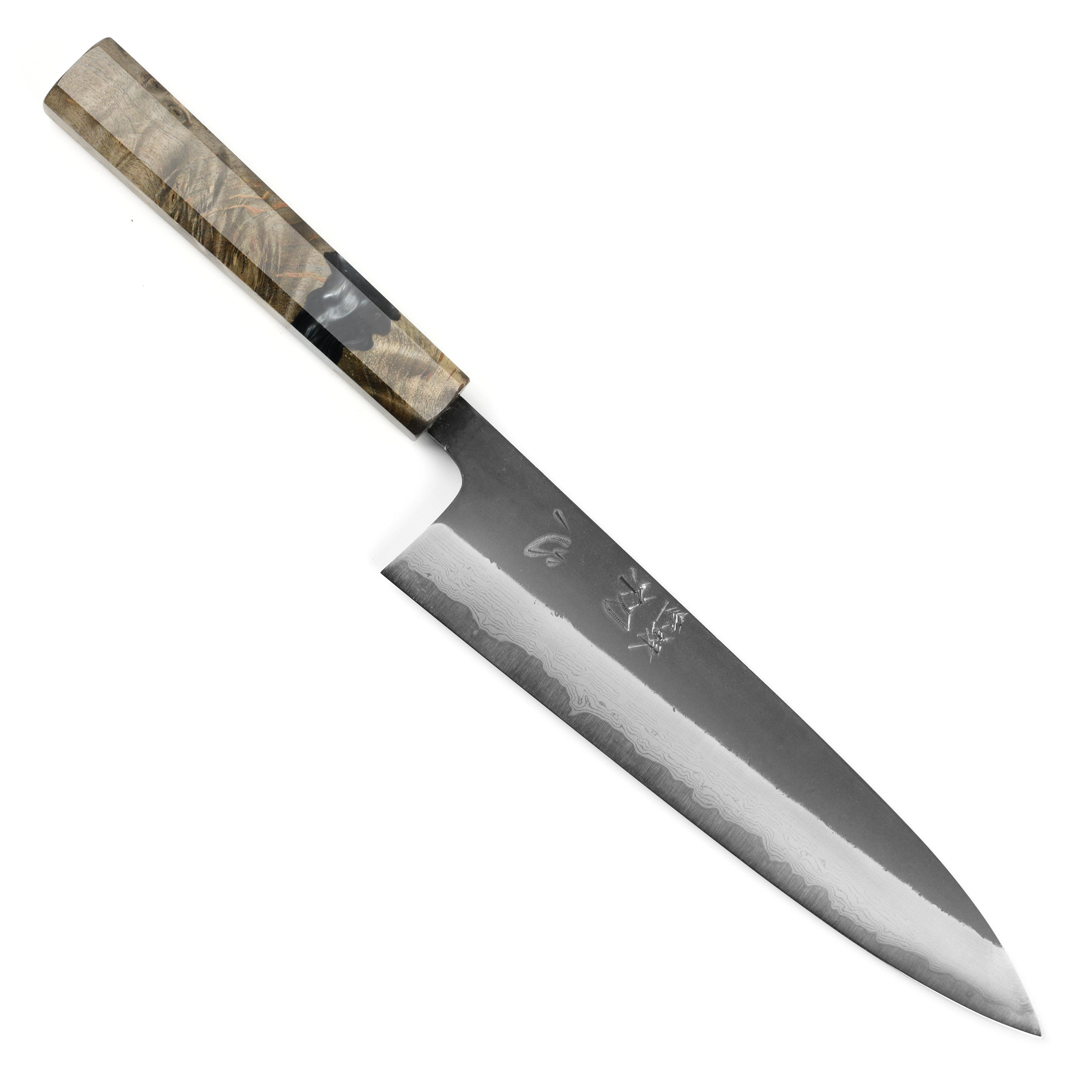 Hatsukokoro Shinkiro Aogami Super Kurouchi Damascus 8.25" Gyuto, Stabilized Birch