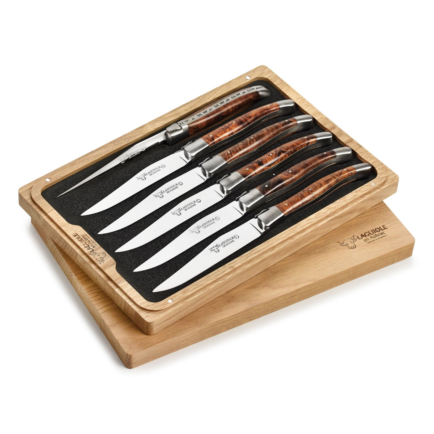 Laguiole en Aubrac 6 Piece Stainless Steel Steak Knife Set with Desert Iron Wood Burl Handles