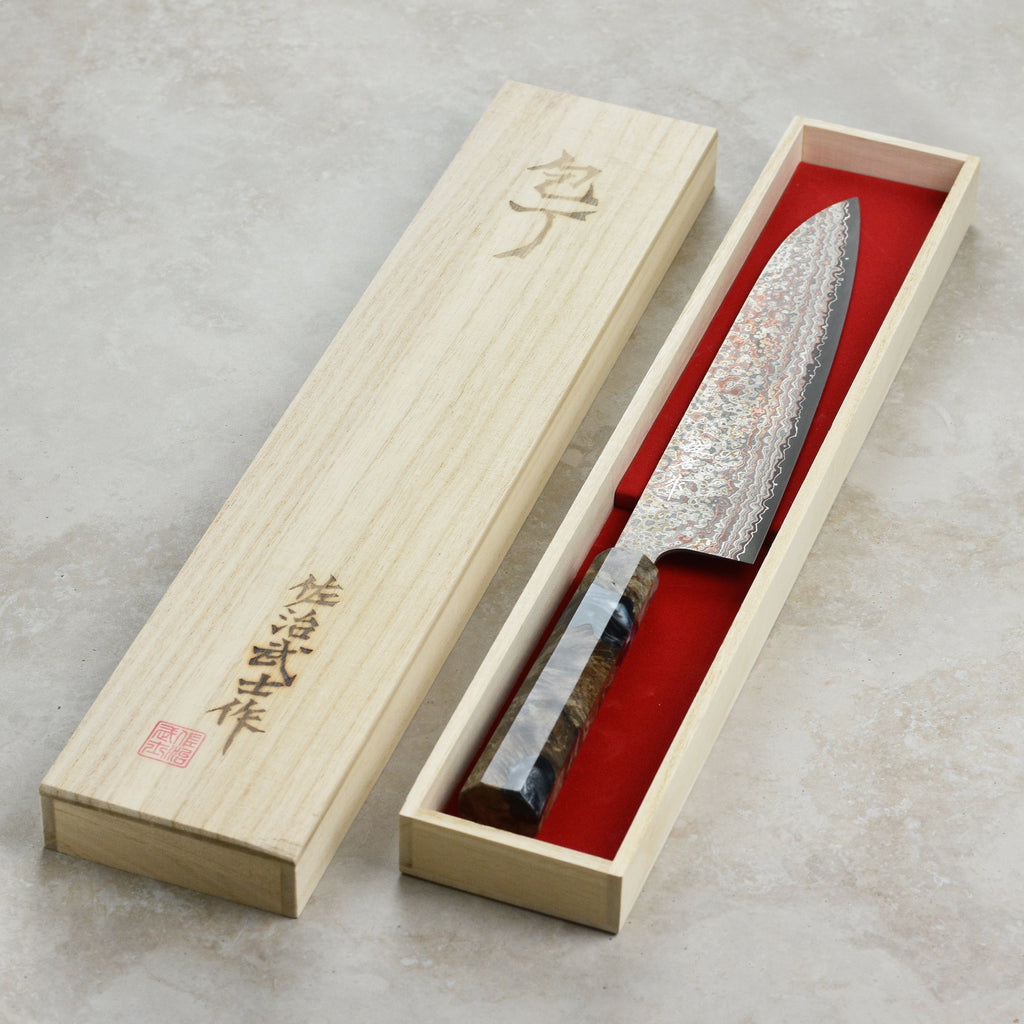 Saji Rainbow Damascus Nashiji 9.4" Gyuto, Stabilized Birch